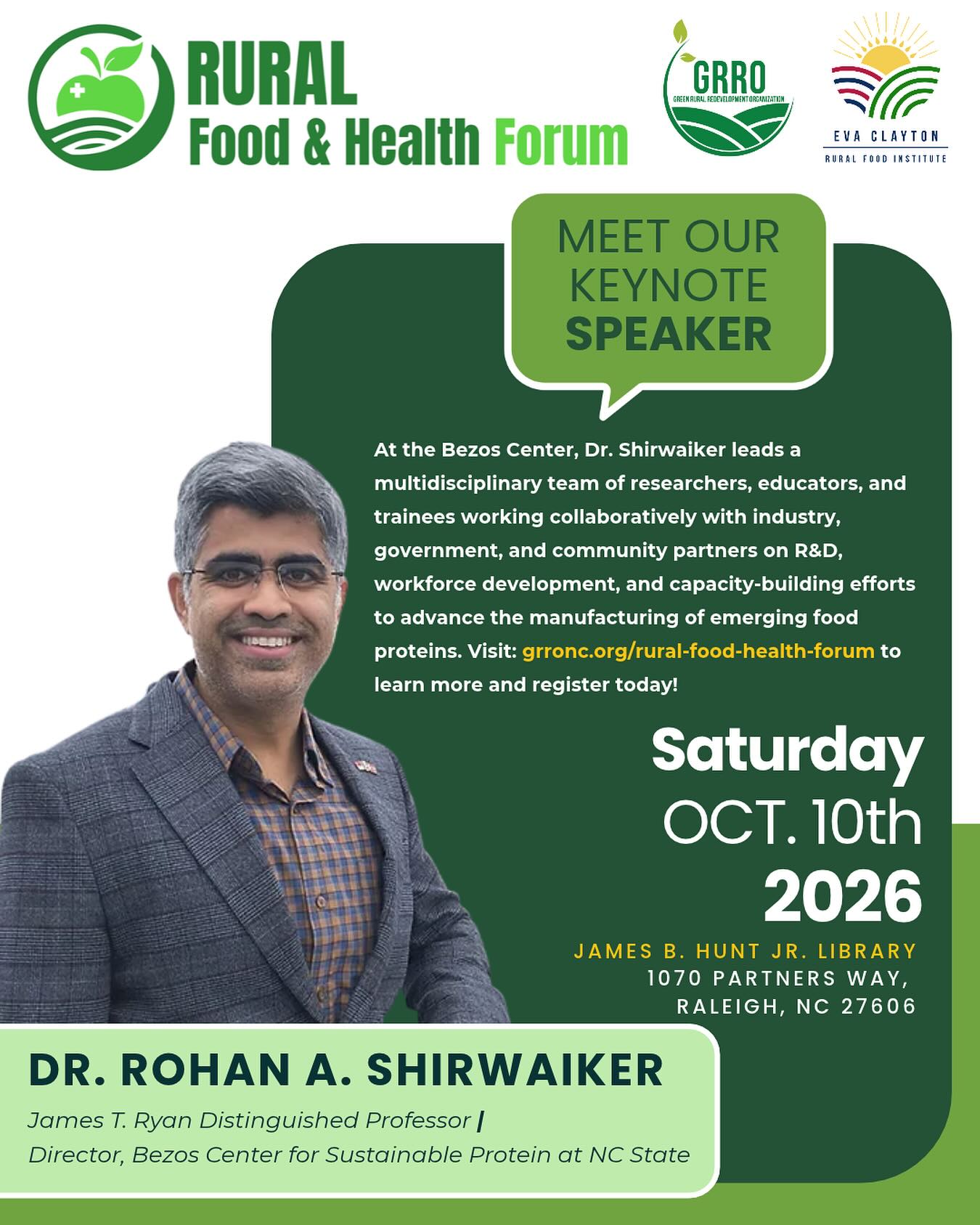 2026 Rural Food and Health Forum | KEYNOTE SPEAKER SPOTLIGHT We’re excited to welcome Dr. Rohan A. Shirwaiker, James T. Ryan Distinguished Professor in Industrial & Systems Engineering and Director of the Bezos Center for Sustainable Protein at NC State University, as a keynote speaker for the 2026 Rural Food and Health Forum!
An interdisciplinary educator, researcher, and thought leader, Dr. Shirwaiker works at the intersection of advanced manufacturing, biotechnology, and sustainable food innovation. At the Bezos Center, he leads multidisciplinary efforts in research, workforce development, and capacity building to advance emerging food proteins and help shape the future of sustainable food systems.
Join us Saturday, October 10th at the James B. Hunt, Jr. Library in Raleigh, NC, to hear from Dr. Shirwaiker and other leading voices exploring innovative approaches to rural health, food systems, agriculture, and Food is Medicine.
Early bird register ends soon or comment below to learn how you may be able to attend the forum for free thanks to the generosity of our forum sponsors! Visit: grronc.org/rural-food-health-forum to learn more and register today!