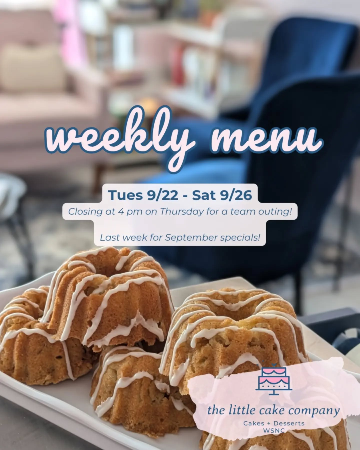 π Happy Tuesday/First Day of Fall! Who else is excited for some cooler temps this week? π
We've got lots of fall flavors this week: Apple Cake Bundtlettes, Pumpkin Cupcakes, Caramel Apple Blondies, Maple Cinnamon Cake... It's also the last week for September Specials so make sure to come try them while you can! πππ
Finally, please note we're closing early this Thursday 9/24 at 4 pm for a team outing! πβ¨
