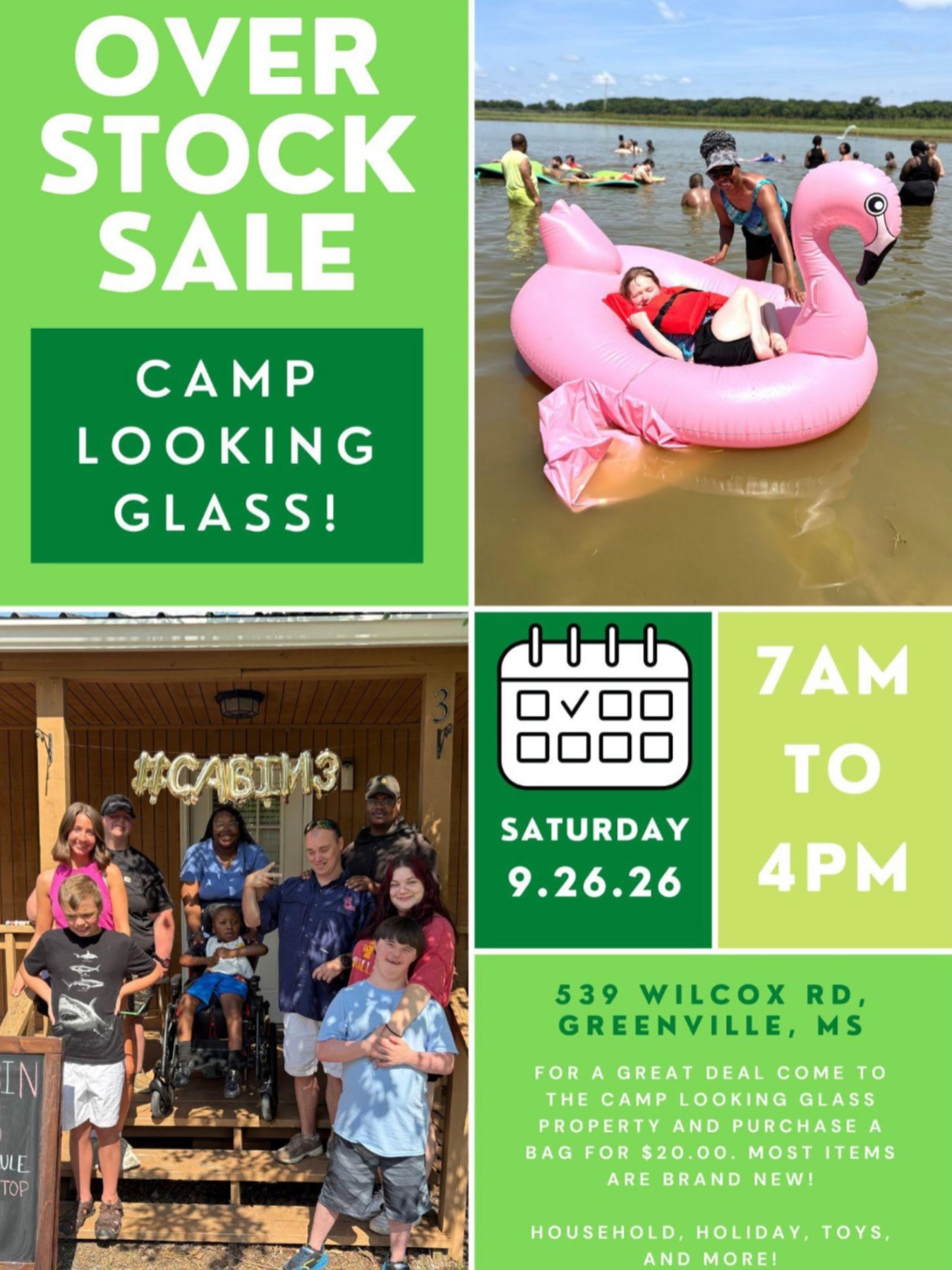 THIS SATURDAY! Join us for our bi-annual overstock sale! We have so many goodies to share with our community and you don’t want to miss it.
Come by the Camp Looking Glass land to buy items like:
-holiday decor
-home decor
-kitchen supplies
-clothes
-toys
-sports equipment
-outdoor supplies
-hygiene materials
and so much more!! SEE YOU ON SATURDAY!! 💚💚