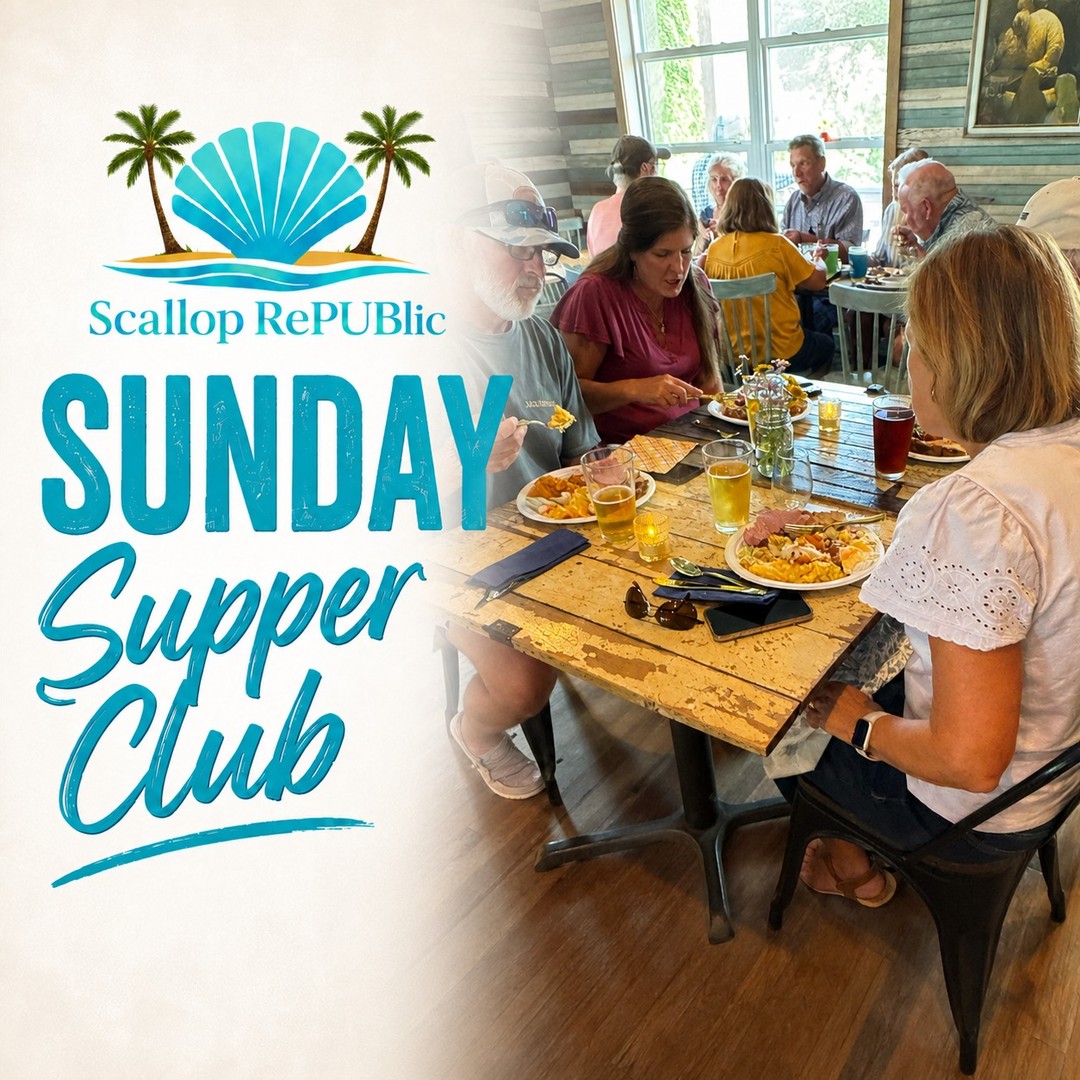 Sunday Supper Club is all about good food, full plates, and even better company. 🍽️
Join us this Sunday at 5:30 PM. Bring a dish to share, bring a friend, or simply show up hungry and pull up a chair.
Supper Club happens on the 1st and 3rd Sunday of every month at Scallop RePUBlic.