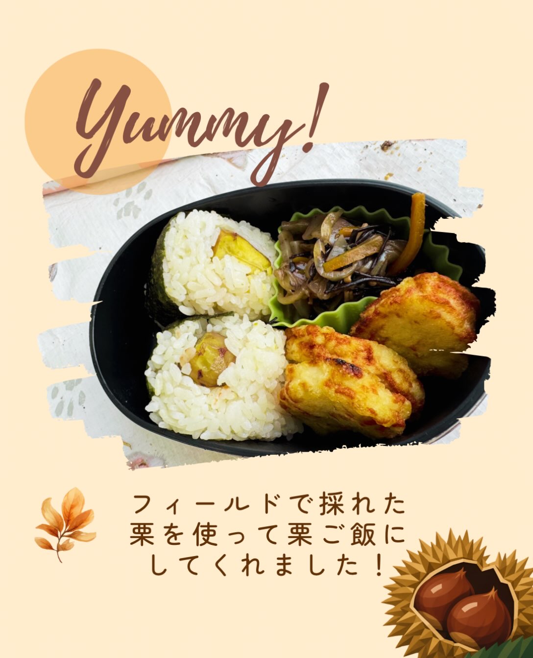 🍁秋のフィールドで見つけたもの🍁
フィールドで採れた栗を、焚き火でじっくり焼いて
みんなでいただきました♪
「いいにおい!」
「もう焼けたかな?」
火を囲みながら、栗が焼けていく時間も楽しみのひとつ。
自分たちで見つけて、拾って、
火で焼いて、食べてみる。
自然の中での体験は、
「おいしい!」だけじゃなく、
季節や自然を五感で感じる時間です。
そして後日——
栗を持ち帰った園児が、
なんとお家で栗ご飯にしてお弁当に持ってきてくれました🍚🌰
フィールドでの「やってみたい」が、
お家での食卓にもつながっていく。
そんな小さな循環が、とってもうれしい秋です🍂