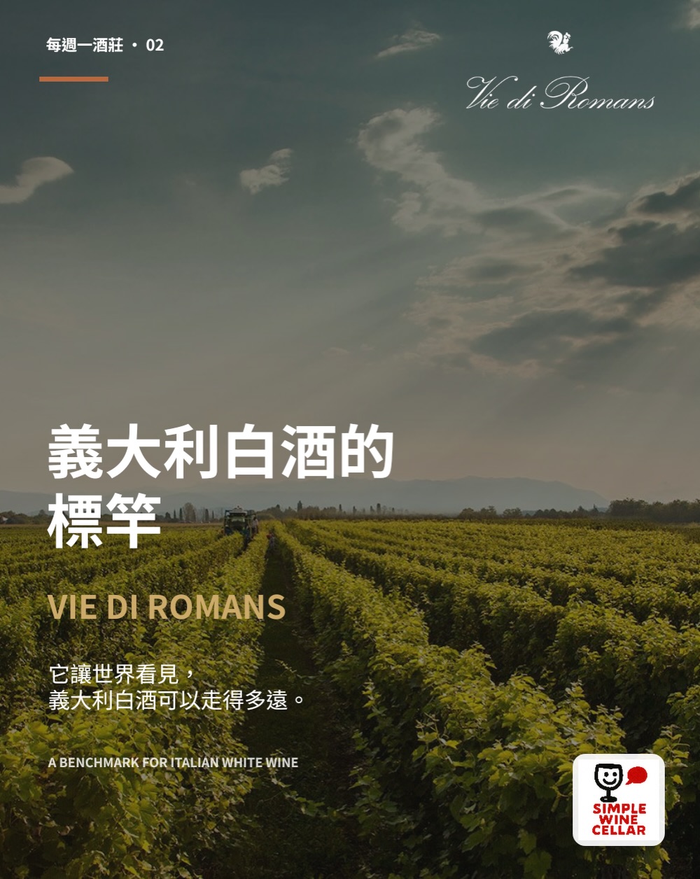 【每週一酒莊 02|Vie di Romans】
有些白酒,靠濃郁的香氣讓人記住。
Vie di Romans 更迷人的地方,是精準。
酒莊位於 Friuli 的 Isonzo。乾冷的 Bora 從斯洛維尼亞方向吹來,亞得里亞海則帶來溫暖濕潤的空氣。冷暖交會,讓葡萄成熟得完整,同時保有清楚明亮的酸度。
Vie di Romans 對風土的理解,最直接地表現在「分開釀造」。
同樣是 Chardonnay,Vie di Romans 與 Ciampagnis 來自兩個不同 Cru。酒莊更進一步,從中挑出六個 Climat,以一致的方式釀造,讓杯中的差異真正來自葡萄園。
Sauvignon Blanc 也有 Piere 與 Vieris 兩款。Piere 的土壤較深、黏土比例較高;Vieris 的土層較淺,石灰與礫石更多。同一個品種,因為地塊不同,展現出完全不同的輪廓。
而 Dessimis,則是 Vie di Romans 最鮮明的作品之一。
這款 Pinot Grigio 是 Ramato 風格的重要先驅。發酵前的低溫浸皮,加上隔絕氧氣的處理方式,保留葡萄果皮天然的色素與香氣。杯中漂亮的金銅色,來自 Pinot Grigio 本來的樣子。
還有 Dolèe。100% Friulano,讓人看見 Vie di Romans 面對在地品種時,同樣細緻而精準。它不靠誇張的表現吸引注意,卻能讓人喝完之後,還想再回到杯中。
Chardonnay、Sauvignon Blanc、Pinot Grigio、Friulano,都是熟悉的葡萄。
到了 Vie di Romans 手中,每一塊土地都有了自己的聲音。
這就是 Vie di Romans 成為義大利白酒標竿的原因。
Some white wines impress with aroma. Vie di Romans stays with you because of its precision.
In Friuli Isonzo, the Bora wind and the influence of the Adriatic shape wines with ripe fruit, clarity and vibrant acidity.
Chardonnay from Vie di Romans and Ciampagnis, Sauvignon Blanc from Piere and Vieris: the varieties remain the same, but each vineyard speaks differently.
Then there is Dessimis, a pioneering Ramato-style Pinot Grigio whose copper colour preserves the grape’s natural identity.
Familiar grapes. Distinct vineyards. Remarkably precise wines.
Imported and presented by Simple Wine Cellar.
#viediromans
#義大利白酒
#friuli
#simplewinecellar