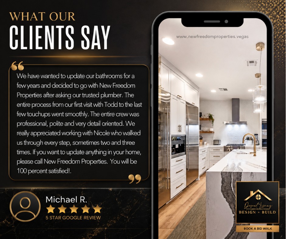 The best part of any renovation isn’t the finished space—it’s hearing that the experience was just as good as the result. Huge thank you to Michael for trusting our team and sharing his experience. We love helping Summerlin homeowners create spaces they’ll enjoy for years to come.
#DesertLiving #NewFreedomProperties #HomeRenovation #Summerlin #5StarReview