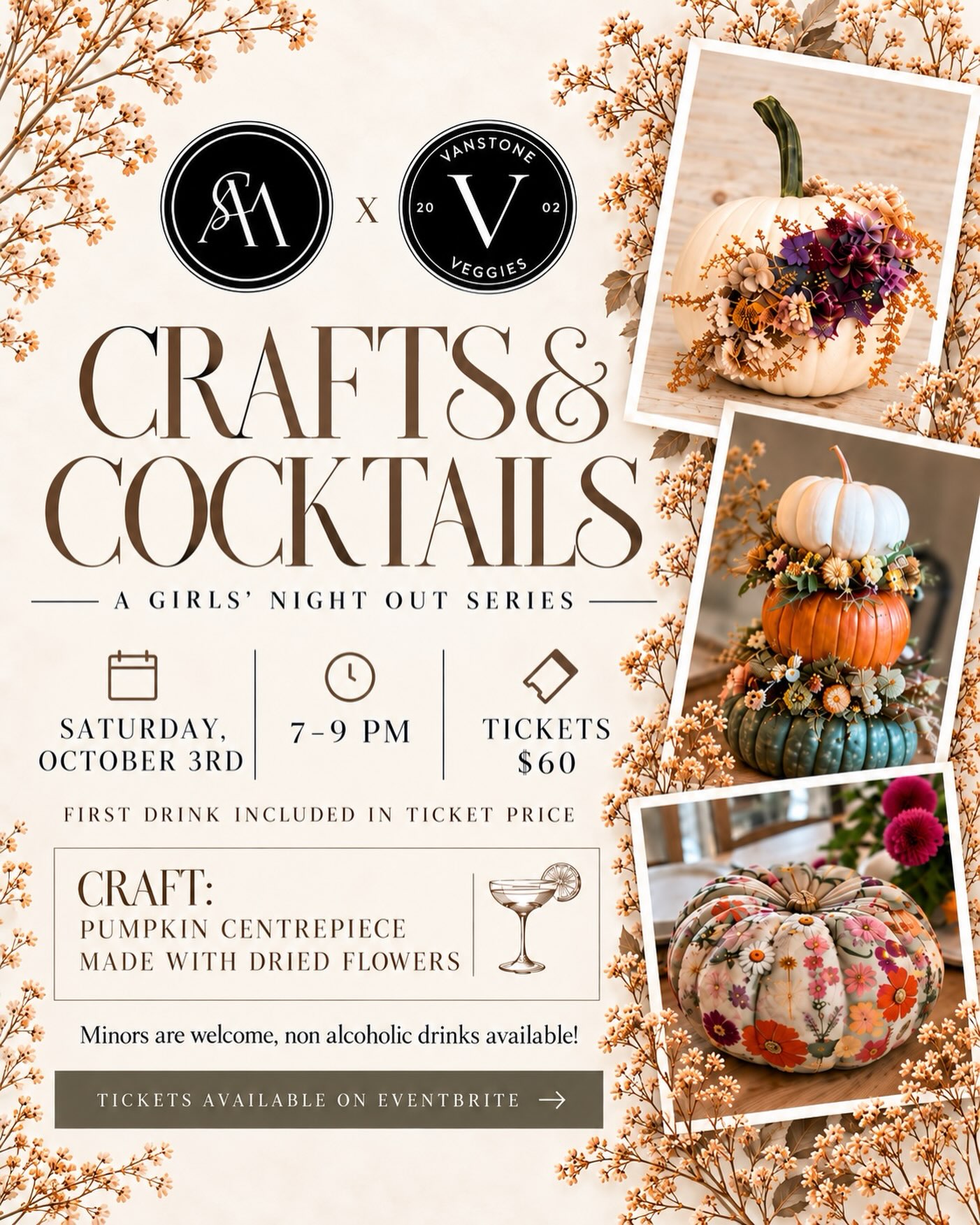 🎃🥂 CRAFTS & COCKTAILS IS HERE! 🥂🎃
Styled With Meraki x Vanstone Veggies are teaming up for the first night in our new Crafts & Cocktails girls’ night out series! 🍂✨
Join us for a cozy fall evening at Meraki where you’ll create your own pumpkin centrepiece using dried flowers, sip on something delicious, and enjoy a fun night out with your favourite people.
✨ Saturday, October 3rd
✨ 7:00–9:00 PM
✨ Styled With Meraki | Portage la Prairie
✨ $60 per person + fees/taxes
✨ All craft supplies included
✨ Your first drink is included
✨ Minors welcome + non-alcoholic drinks available
No crafting experience needed — just come ready to have fun and make something beautiful. 🤎
Come with your besties, make it a date night, mother-daughter night, or come solo and meet some new people!
🎟️ Tickets are available now on Eventbrite — link in bio!
Prefer to book directly with us? Call 204-249-0611, stop into the salon, or contact us about e-transfer/payment by phone.
Tag the person you’re bringing with you 👇🏼🍸🎃
#CraftsAndCocktails #StyledWithMeraki #VanstoneVeggies #PortageLaPrairie #PortageLaPrairieMB