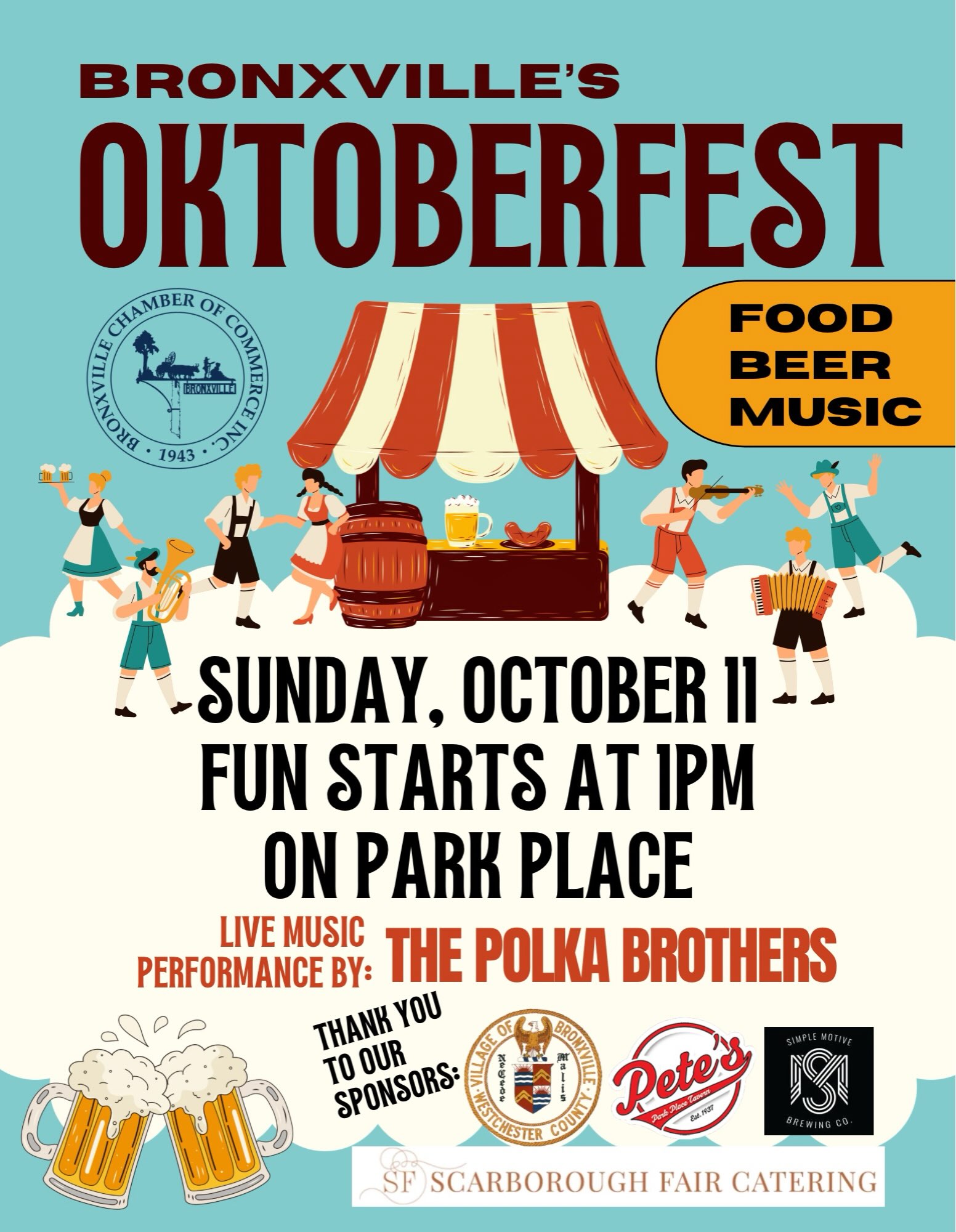 Oktoberfest is just around the corner! Join us Sunday, October 11 on Park Place for live music performed by The Polka Brothers, delicious food cooked up by @petesbronxville and @scarfaircatering, and drinks from @simplemotivebrewing ! Hope to see you there! ๐ป๐บ๐ป๐บ
#oktoberfest #beer #polka #bronxville