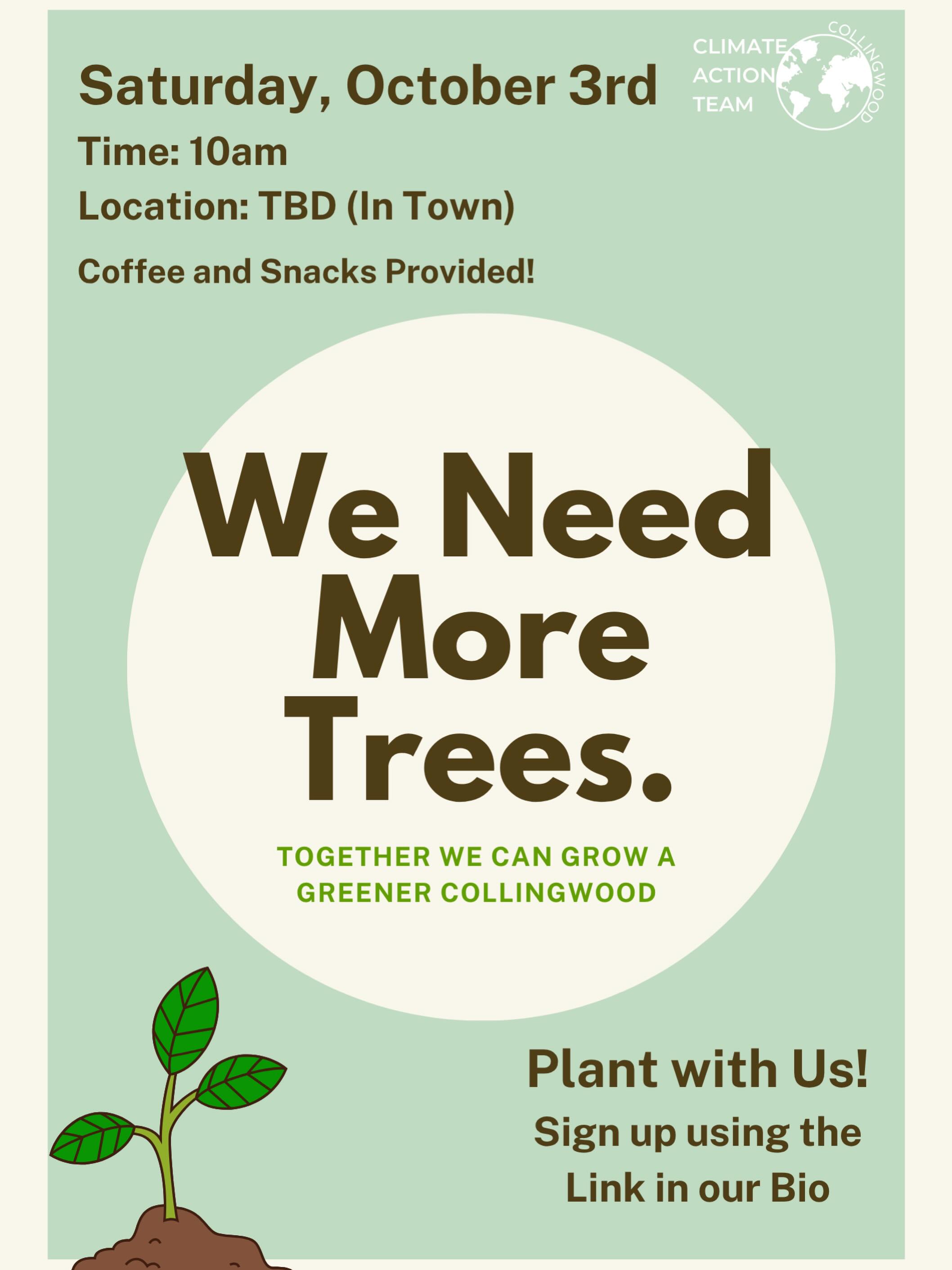 Join us for a community tree planting event Saturday October 3rd, and help us grow a greener, healthier, and more climate-resilient Collingwood!๐ฑ
Volunteers will help plant trees and shrubs, learn about proper planting techniques, and work alongside fellow community members to strengthen our tree canopy. No experience is needed!
Sign up using the link in our bio ๐ฒ
COFFEE AND SNACKS PROVIDED!โ๏ธ