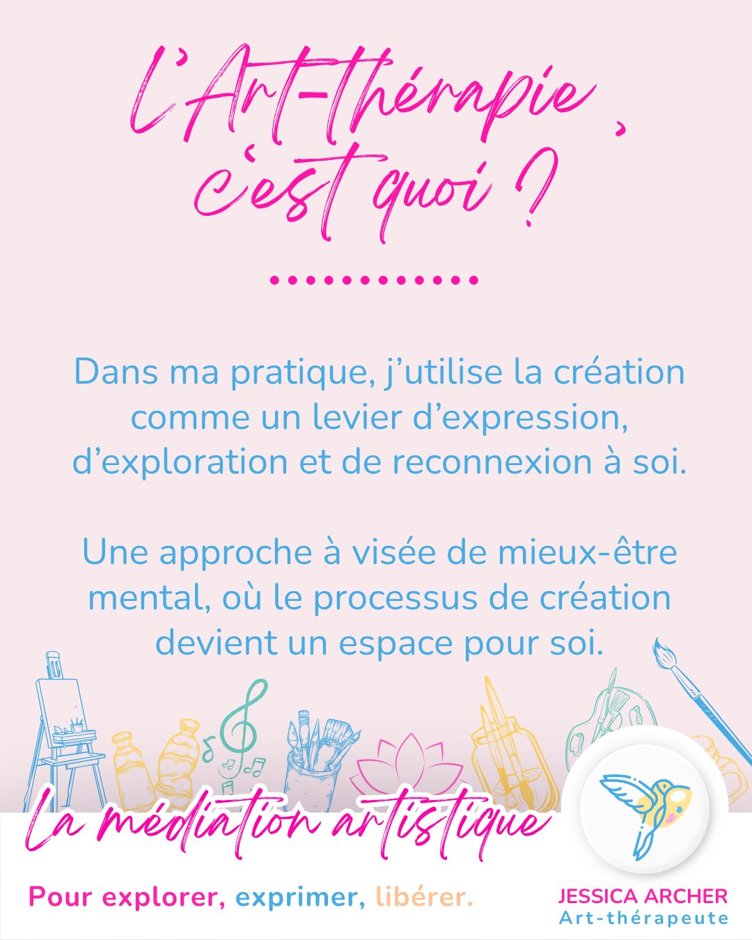 📣 POINT INFO · L’art-thérapie, concrètement 🎨🌿
On me demande souvent ce qu’est réellement l’art-thérapie et ce qui la distingue d’une activité artistique.
À travers ce carrousel, j’avais envie de partager simplement ma façon de la pratiquer : la place de la création, du non-verbal, des émotions, mais aussi le cadre dans lequel j’accompagne les personnes.
Il n’est pas nécessaire de savoir dessiner ou peindre. Il n’y a pas de recherche de performance ni de résultat esthétique. La création devient un support pour expérimenter, ressentir, explorer et parfois prendre conscience de ce qui se joue en soi.
Chaque accompagnement est construit en fonction de la personne, de son parcours et de l’objectif de la séance. C’est cette rencontre entre création, écoute et accompagnement qui constitue le cœur de ma pratique.
🌿 Une approche que je souhaite ici rendre plus accessible et mieux comprise.
#ArtTherapie #ArtTherapieDynamique #MediationArtistique #PratiqueArtistique #Creation #ExpressionDeSoi #MieuxEtre #BienEtreMental #ProcessusCreatif #NonVerbal #ArtEtTherapie #Paris #ArtTherapeute