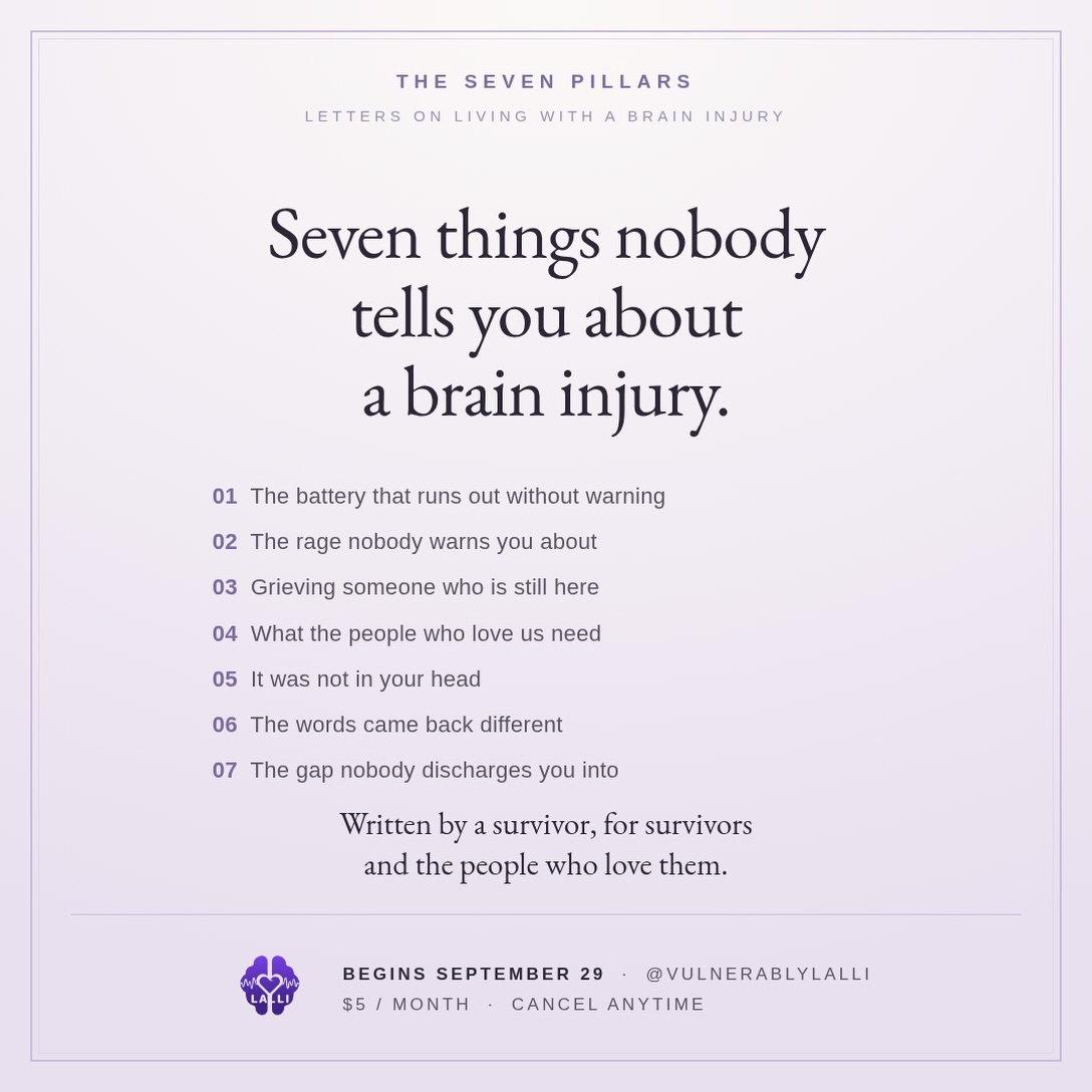Here is what is coming, and when.
01 The Brain Battery — Sept 29
02 The Rage Nobody Warns You About — Oct 4
03 Grieving Someone Who Is Still Here — Oct 9
04 This One Is for the People Who Love Us — Oct 14
05 It Was Not In Your Head — Oct 19
06 The Words Came Back Different — Oct 24
07 The Gap Nobody Discharges You Into — Oct 29
All seven at 4:34pm, five days apart.
If one of those titles made your chest tighten, that is the one written for you.
Which one are you waiting for? Tell me below.
#tbi #braininjury #tbisurvivor #concussion #traumaticbraininjury