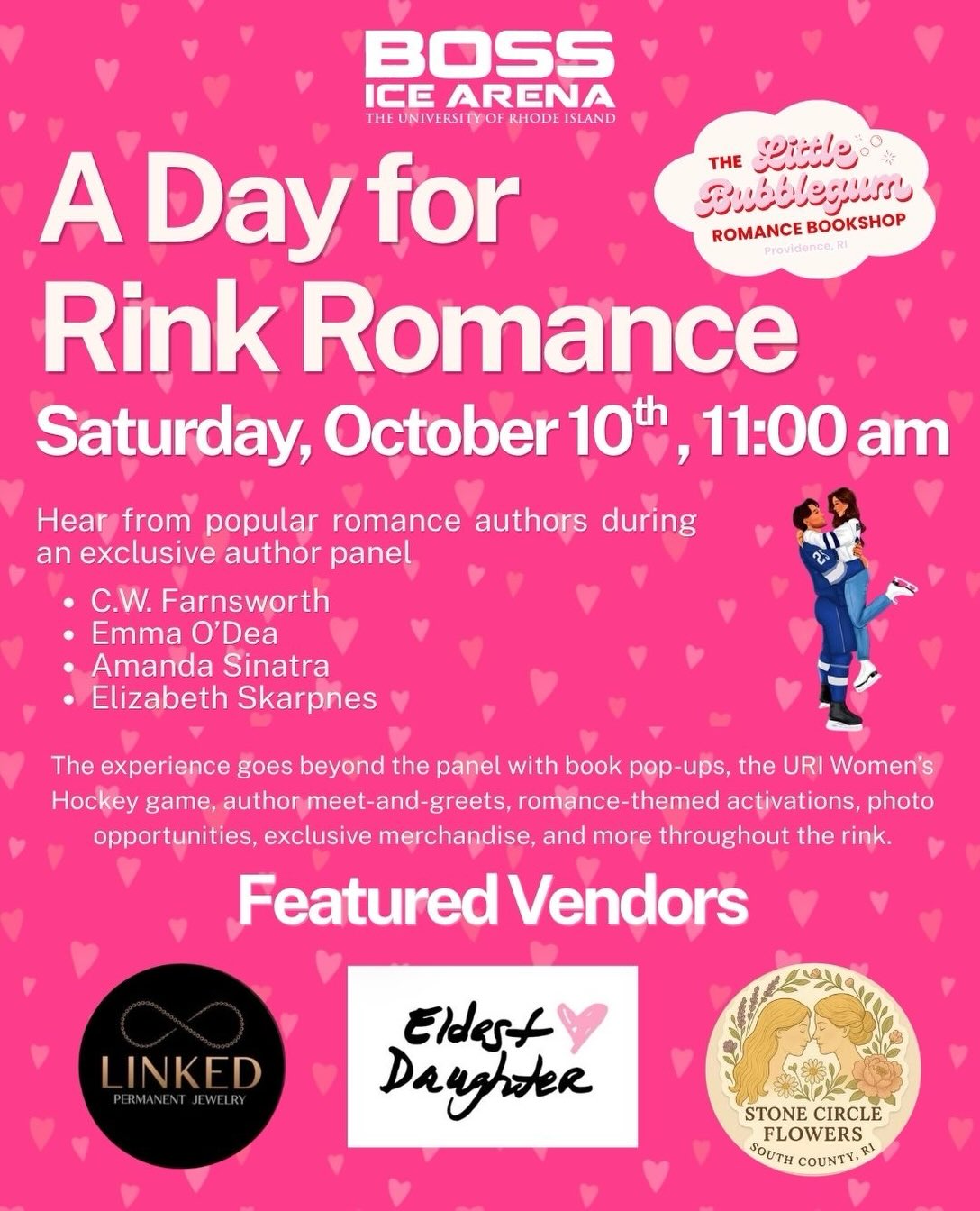 💌 A Day for Rink Romance is officially ON SALE! 💌
Join us at Boss Ice Arena for a day celebrating romance, books, and all things cozy on the ice. ⛸️📚
✨ Permanent bracelets
💐 Bouquet making bar
🧵 Embroidery pop-up
📚 Bookish vendors, author meet-and-greets & more!
🎟️ Tickets are on sale now — grab yours through the link in bio!