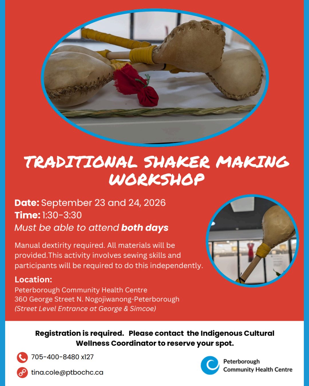 🪶💙 Traditional Shaker Making Workshop
Join Peterborough Community Health Centre for a hands-on workshop to create your own traditional shaker using traditional crafting and sewing techniques. All materials are provided!
📅 Sept. 23 & 24, 2026
⏰ 1:30–3:30 p.m.
📍 Peterborough Community Health Centre
360 George St. N., Peterborough
🧵 Good manual dexterity is required. Participants must be able to attend both days.
📧 Register: tina.cole.ptbochc.ca
📞 705-400-8480 ext. 127
#TraditionalCrafts #ShakerMaking #CommunityWorkshop #Peterborough #PCHC