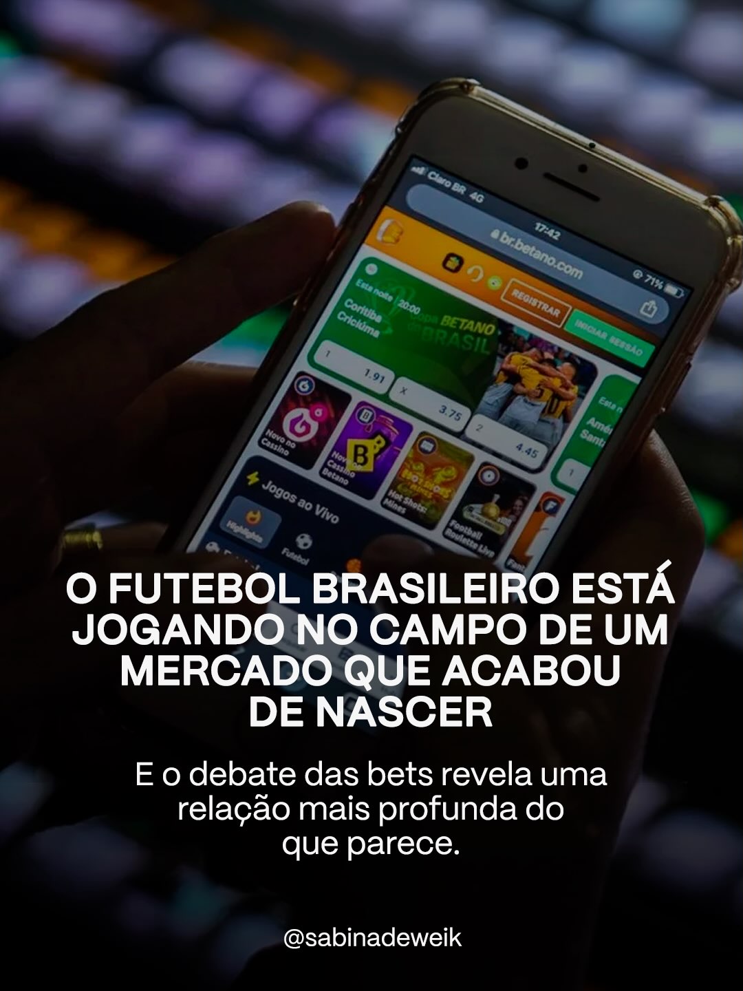 A conversa das bets ganhou mais um capítulo no futebol brasileiro quando clubes e federações reagiram às possíveis novas restrições ao setor.
Hoje, a maior parte dos times das Séries A e B do Brasileirão contam com o patrocínio de empresas de aposta, mostrando como rapidamente este mercado passou de novidade para um pilar importante na economia do esporte.
Mas talvez o mais interessante seja perceber os movimentos de quando forças como mercado, cultura e regulação começam a se cruzar, e as respostas vão ficando menos simples.
A pergunta que esse episódio deixa é maior do que a permanência das bets no futebol: o que acontece quando uma paixão nacional se torna dependente de um mercado tão recente? Vamos conversar!
#SabinaDeweik #cultura #comportamento