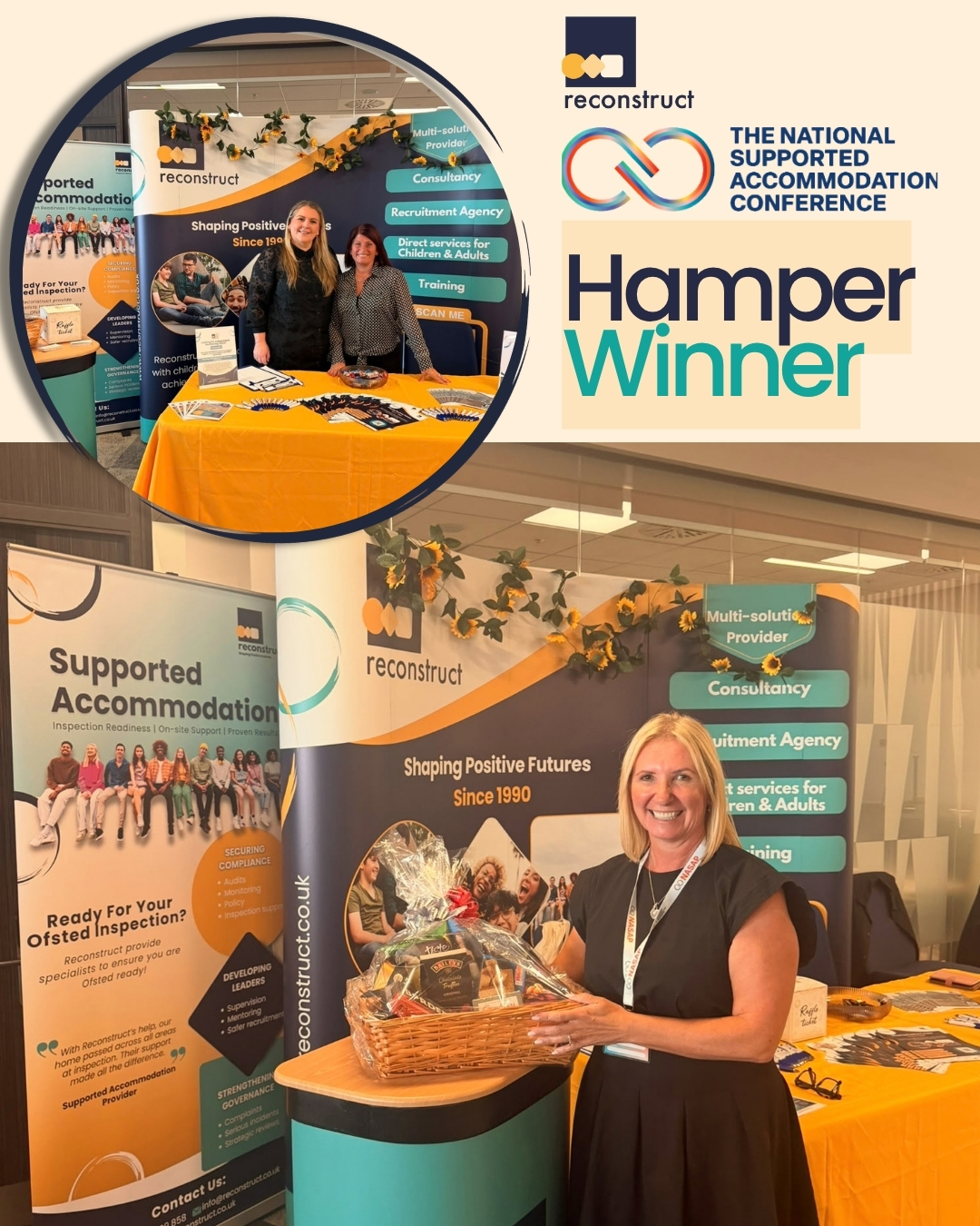 We have a winner!
A big congratulations to Lisa Paterson from Whitehead Ross in Dorchester, who took home our conference hamper prize today! 🧺
Thanks to everyone who came by the Reconstruct stand to chat with us today.
#NASAC #Winner #Reconstruct #SupportedAccommodation #ConferenceUpdate