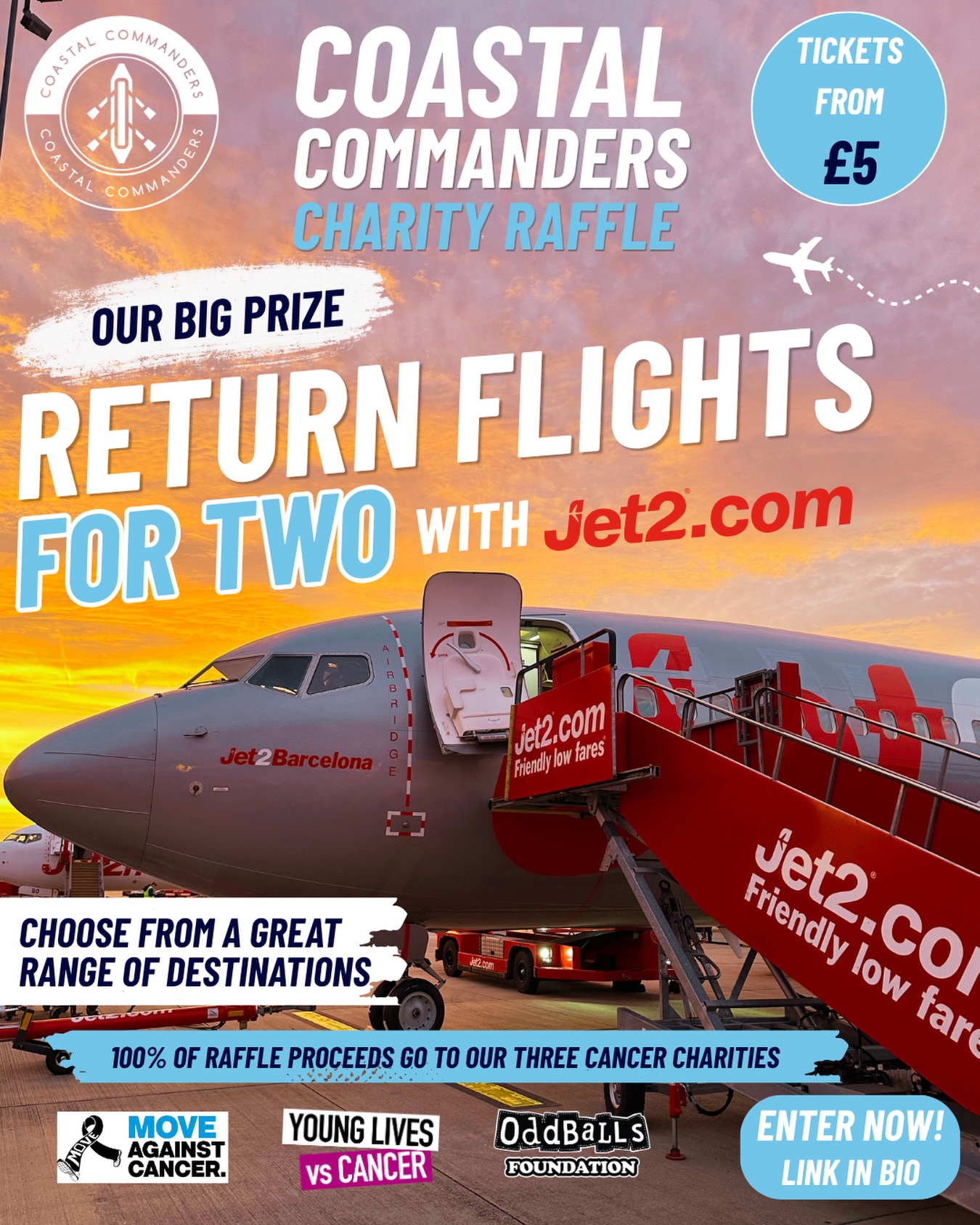 ✈️ OUR BIG PRIZE: WIN RETURN FLIGHTS FOR TWO WITH JET2!
Fancy escaping for a bit?
One lucky winner will win return flights for two with Jet2.com, with a fantastic range of destinations to choose from.
So whether you’re dreaming of a beach, a city break or somewhere completely new, this could be your excuse to start planning. 🌴
🎟️ Raffle entries are just £5
💷 £5 = 1 entry | £20 = 5 | £40 = 12
And remember, this is just our big prize - there are another 17 prizes up for grabs!
Every entry helps us raise money for Move Against Cancer, Young Lives vs Cancer and The OddBalls Foundation as we take on 3,000 miles across the Atlantic.
Enter via the link in our bio.