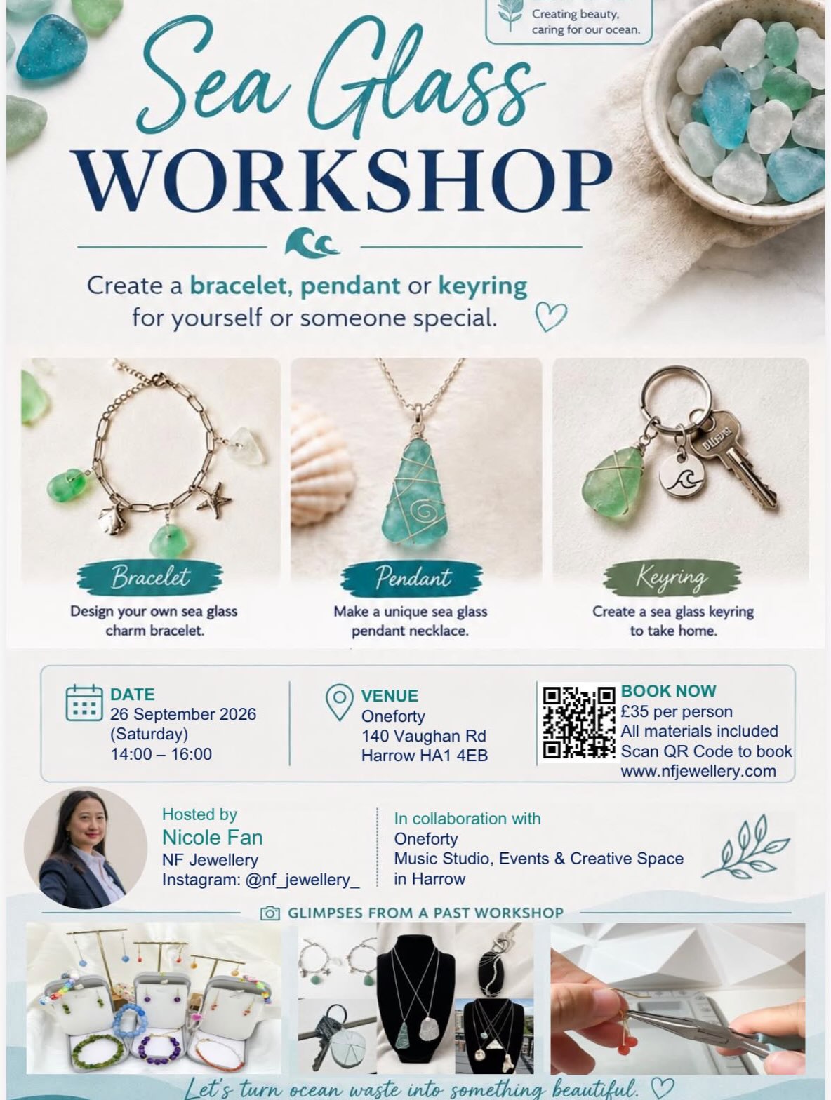 A new Sea Glass Jewellery Workshop is coming to Harrow next weekend!
Join Nicole for a relaxed, hands-on afternoon creating your own unique piece of sea glass jewellery. Choose to make a pendant, bracelet or keyring, with all tools and materials provided — no previous jewellery-making experience needed.
📆 Saturday, 26th September
⏱️ 2pm-4pm
@oneforty_harrow
🎟️ £35 per person / all materials included
Spaces are limited, so book your place at www.nfjewellery.com (link in bio).
Really looking forward to bringing this workshop to the Harrow community
#SeaGlassJewellery #JewelleryWorkshop #Harrow #HarrowEvents #thingstodoinlondon