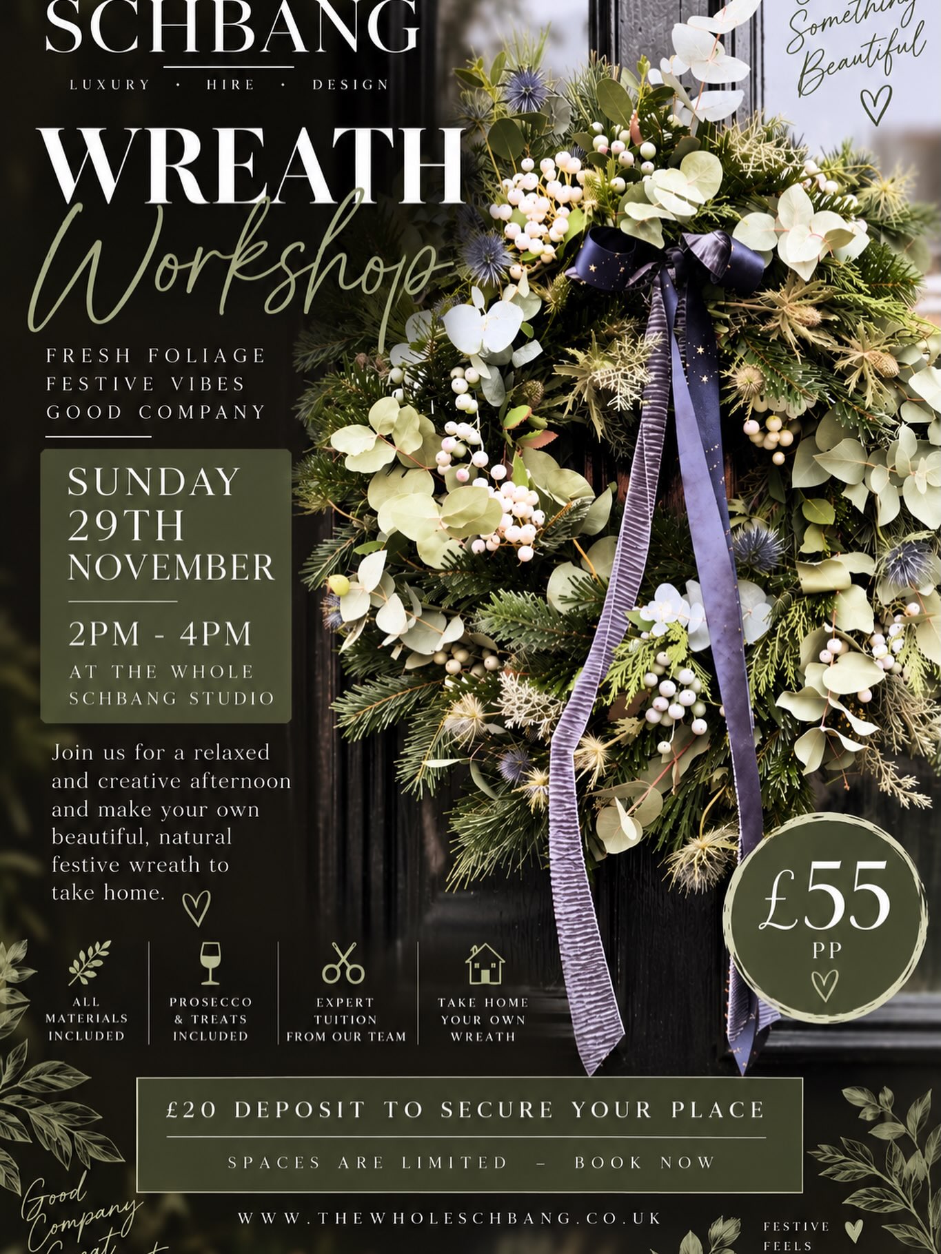 ✨ CHRISTMAS WREATH WORKSHOP — THE WHOLE SCHBANG ✨
Come and spend a festive afternoon with us creating your very own luxury Christmas wreath 🎄
Using beautiful fresh seasonal foliage, we’ll show you step-by-step how to create a gorgeous statement wreath to take home — all while enjoying Prosecco, treats and plenty of festive vibes 🥂✨
📅 Sunday 29th November
⏰ 2pm–4pm
📍 The Whole Schbang Studio
🌿 All materials included
🥂 Prosecco & treats
💷 £55 per person
🤍 £20 deposit secures your place
Spaces are limited, so grab your friends and make an afternoon of it.
DM us to book your place.
#TheWholeSchbang #WreathWorkshop #ChristmasWorkshop #christmaswreath