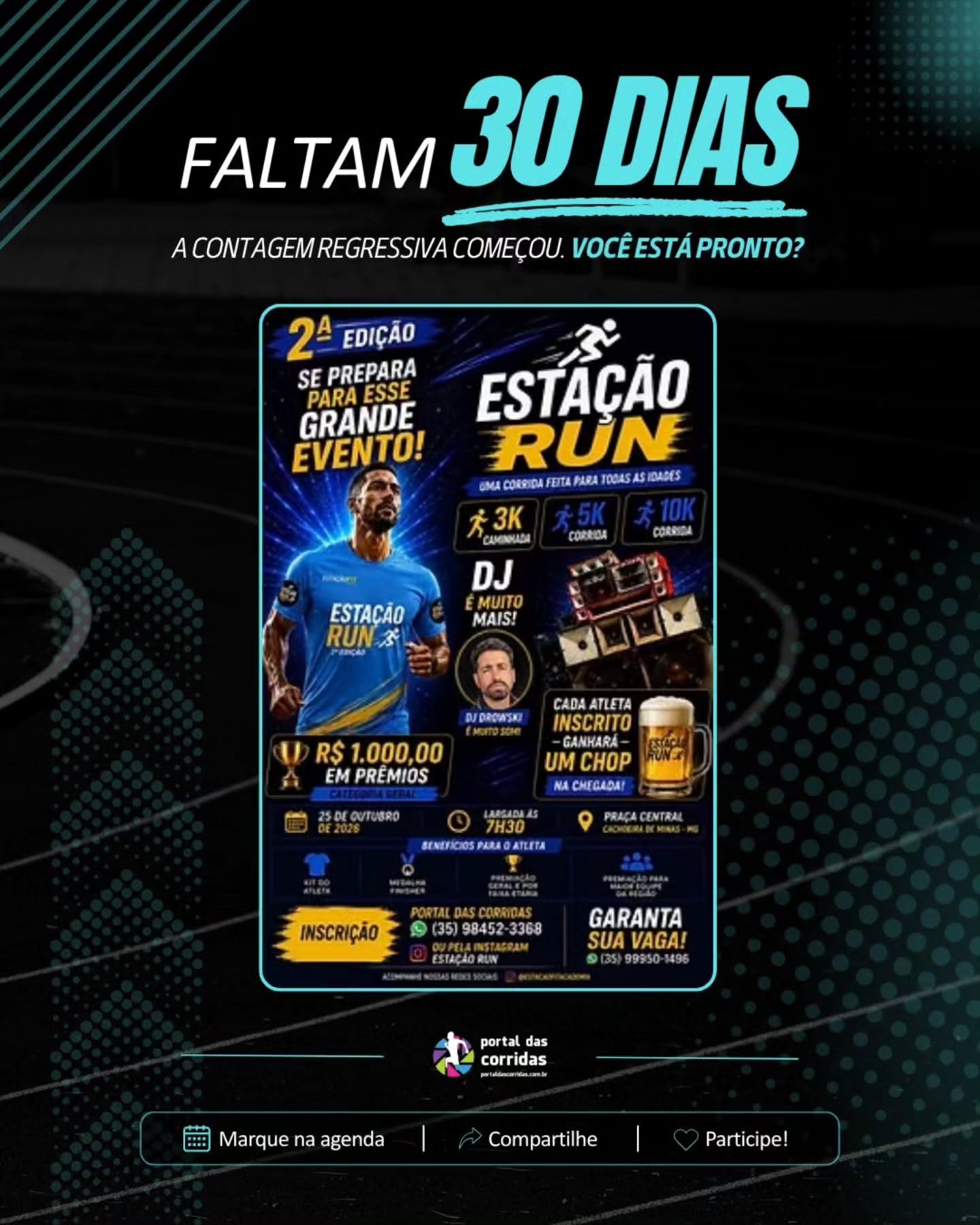 Faltam 30 dias! 🏃♀️🏃♂️✨ A contagem regressiva começou. Marque na agenda, compartilhe com quem vai correr com você e prepare-se para viver uma experiência de muita energia, superação e emoção até a linha de chegada!