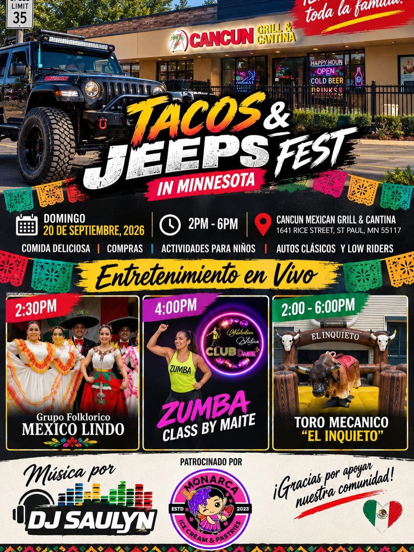 Tomorrow 9/20 at @cancunmexicangrillcantina fun event with music, dance, food and drink, cars, family friendly activities y mas!