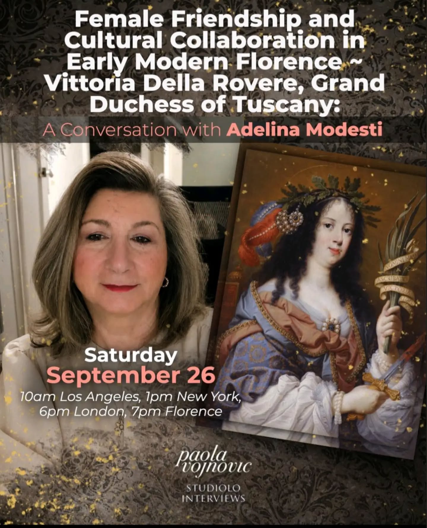 In the next episode of Paola's Studiolo you are invited to step into Baroque Florence and discover the remarkable world of Maria Vittoria della Rovere (1622–1694), Princess of Urbino and Grand Duchess of Tuscany. ✨
Surrounded throughout her life by women who became friends, confidantes, collaborators, and allies, Maria Vittoria built networks that stretched across Italy and Europe. This talk explores how loyalty, affection, diplomacy, trust, kinship, and reciprocity shaped friendships between women—and asks how these powerful connections influenced cultural patronage and the arts in early modern Europe.
Leading us through this fascinating story is art historian @adelinamodesti, an Honorary Senior Fellow in Art History and Art Curatorship at the University of Melbourne and a specialist in Renaissance and Baroque art, women artists, patrons, collecting, and cultural networks.