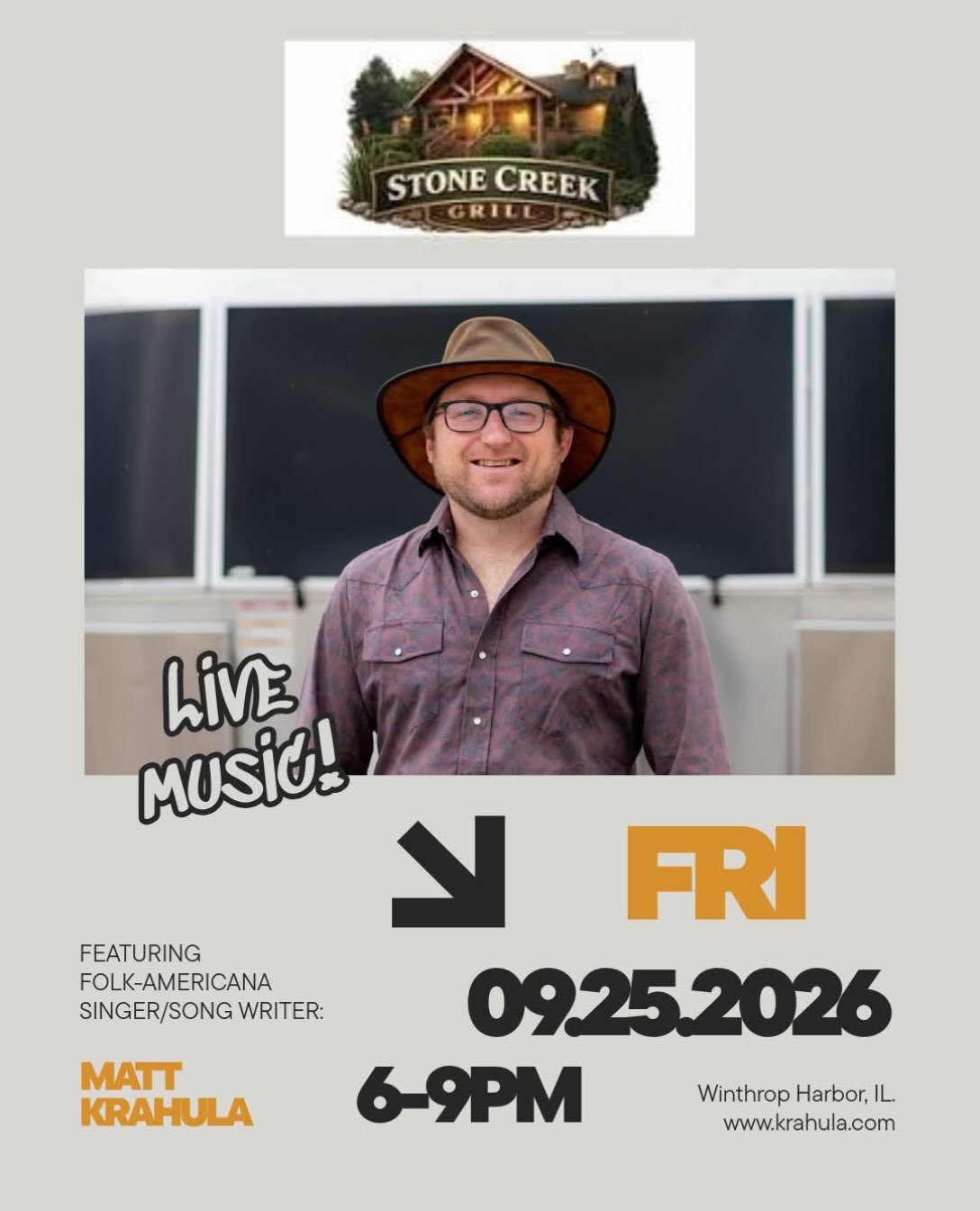 Returning to Stone Creek Grill this Friday 9/25 from 6-9pm. Hope to see you all there!!
#winthropharbor #stonecreekgrill #livemusicwinthropharbor #livemusicillinois #fridayvibes