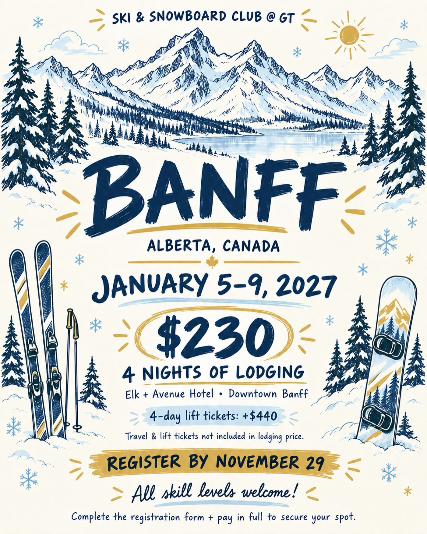 🚨 TRIP LAUNCH 🚨
We’re headed to Banff, Alberta 🇨🇦 to ski SkiBig3 from January 5–9, 2027! 🏔️⛷️❄️
🛌 4 nights lodging: $230
🎟️ 4-day SkiBig3 lift ticket: $440
➕ Optional Jan. 4 lodging: +$50
➕ Optional 5th ski day: $550 total lift ticket
Fly into Calgary (YYC) ✈️ and take a shuttle or rental car to Banff.
Fill out the registration form and check the full trip info sheet through the link in bio. Send payment to Sophia Winger to secure your spot!
Get ready for big mountain skiing and elite vibes 🥂🏔️ See you in Banff!