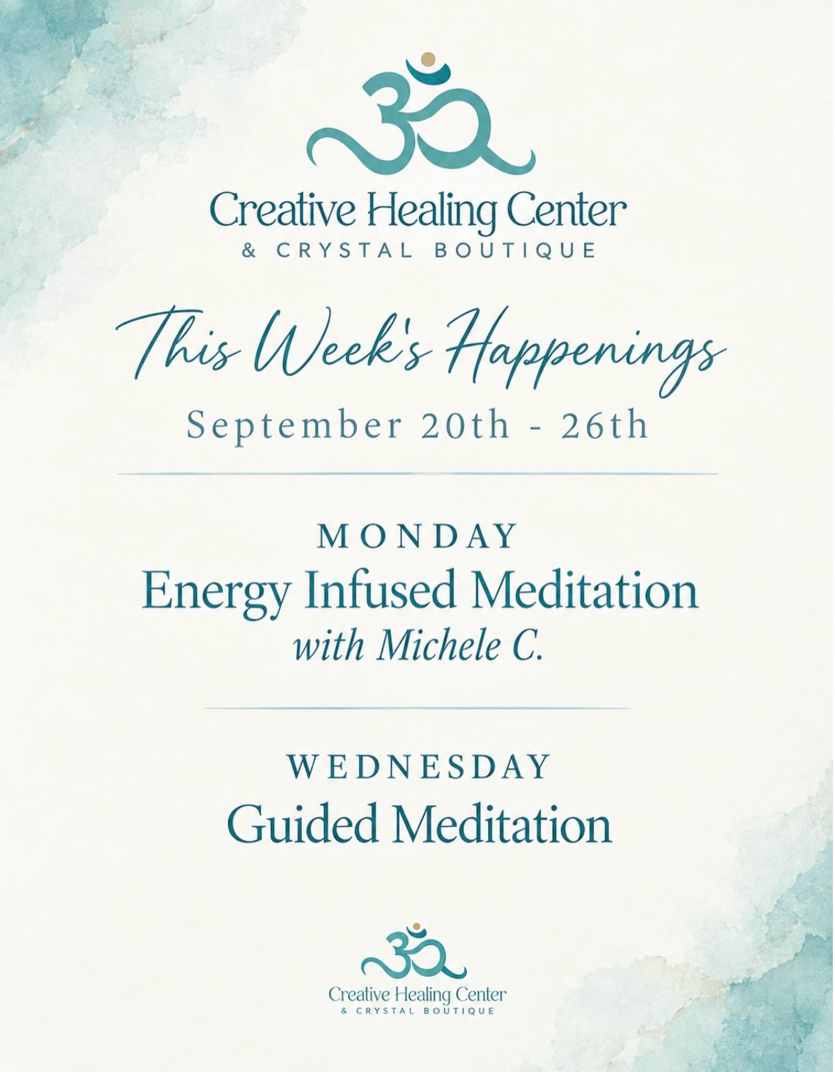 ✨ This Week at CHC
A new week, a little space to slow down, breathe, and reconnect. Join us for two beautiful opportunities to pause and turn inward.
Monday
Energy Infused Meditation with Michele C.
Wednesday
Guided Meditation
Whether you’re looking for a little stillness, energetic renewal, or simply some time for yourself, we’d love to see you.
Come as you are. Leave with a little more peace.