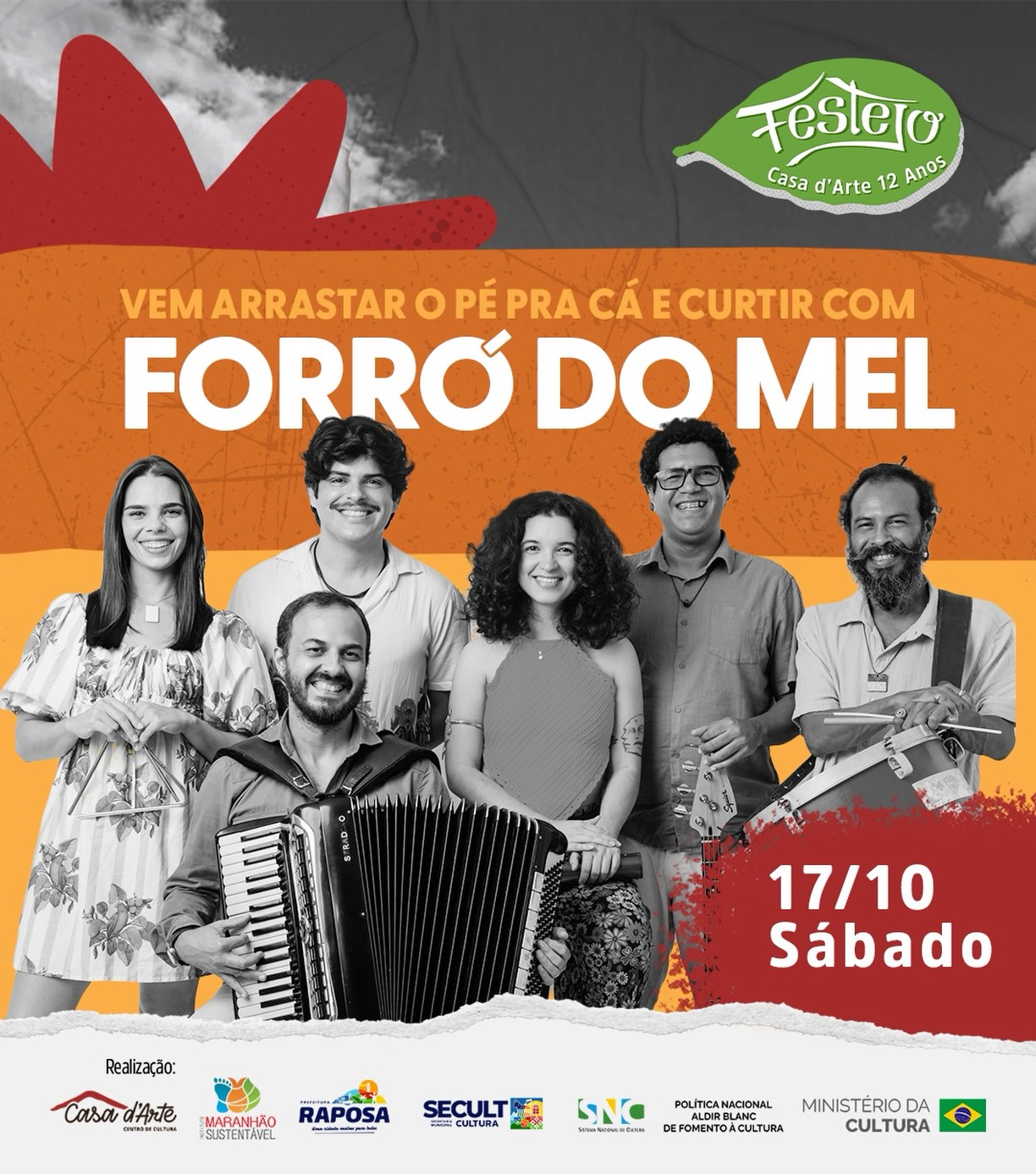 É num bom forrózinho pé-de-serra que nosso quintal vai virar salão de dança no Festejo 12 anos, e isso o @forrodomel sabe fazer muito bem! 🎤🥁🪗
Eles chegam com o show “Ser Tão Mará”, que carrega uma mistura criativa de sonoridade que vai do baião ao xote reggae, entregando (e embalando todo mundo) numa sonoridade gostosa que já tem a identidade deles. 🎶
Combinado então dia 17 de outubro?! A gente vai te esperar! 💛