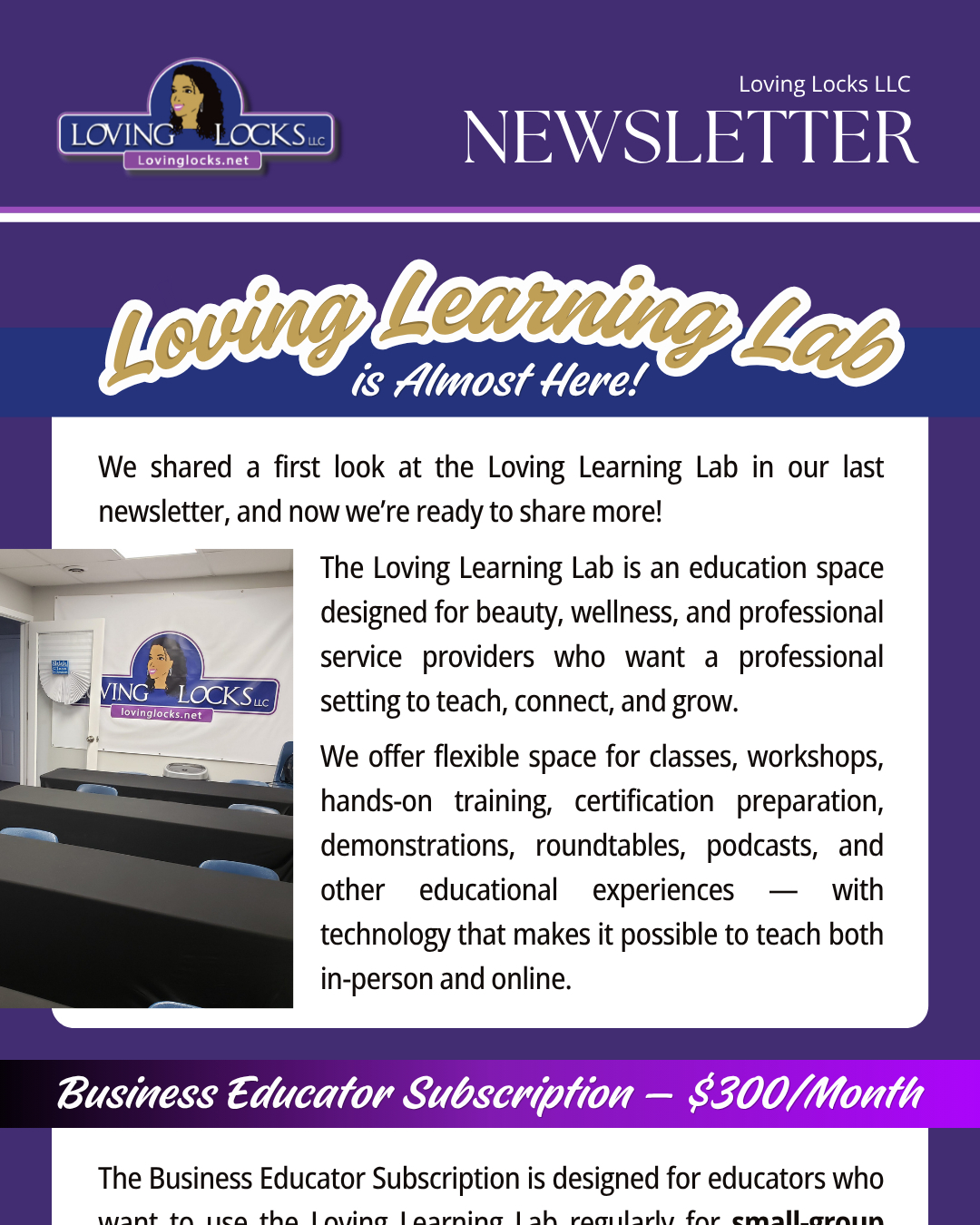 Catch up on the latest from Loving Locks! ✨
This edition has a closer look at the Loving Learning Lab, including what educators can expect from the new space and our upcoming October soft opening.
We’re also sharing a look at mentorship in action, featuring a real client experience, plus our featured blog on what to expect from Sisterlocks® mentorship.
And, of course, we’re celebrating a Business Collective member and his recent recognition! 🏆
🔗 Read the latest newsletter through the link in our bio!