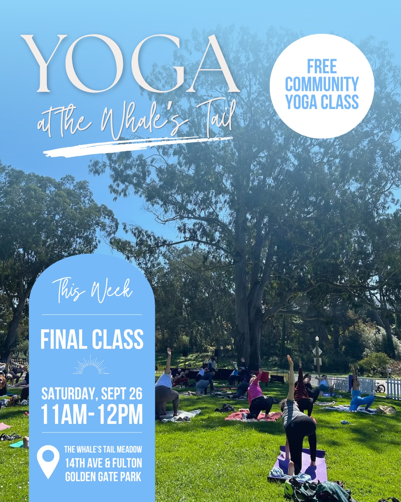 Don’t miss our FINAL class of the season! Get outside and join us for free yoga in Golden Gate Park!
📍The Whale’s Tail Meadow, Golden Gate Park (14th Ave & Fulton) @thewhalestail_sf
🗓 Saturday, September 26
⏰ 11:00 AM-12:00 PM
🎟 Free and open to all (sign up with link in bio)
🧘 All levels welcome
💧 Bring a yoga mat and water bottle
🧥 Dress in layers for SF weather
🎶 Stay after for live music by our friends @illumin8live & bevies by @npu.live
#GoldenGatePark #SanFrancisco #BayArea #SanFranciscoYoga #bayareayoga