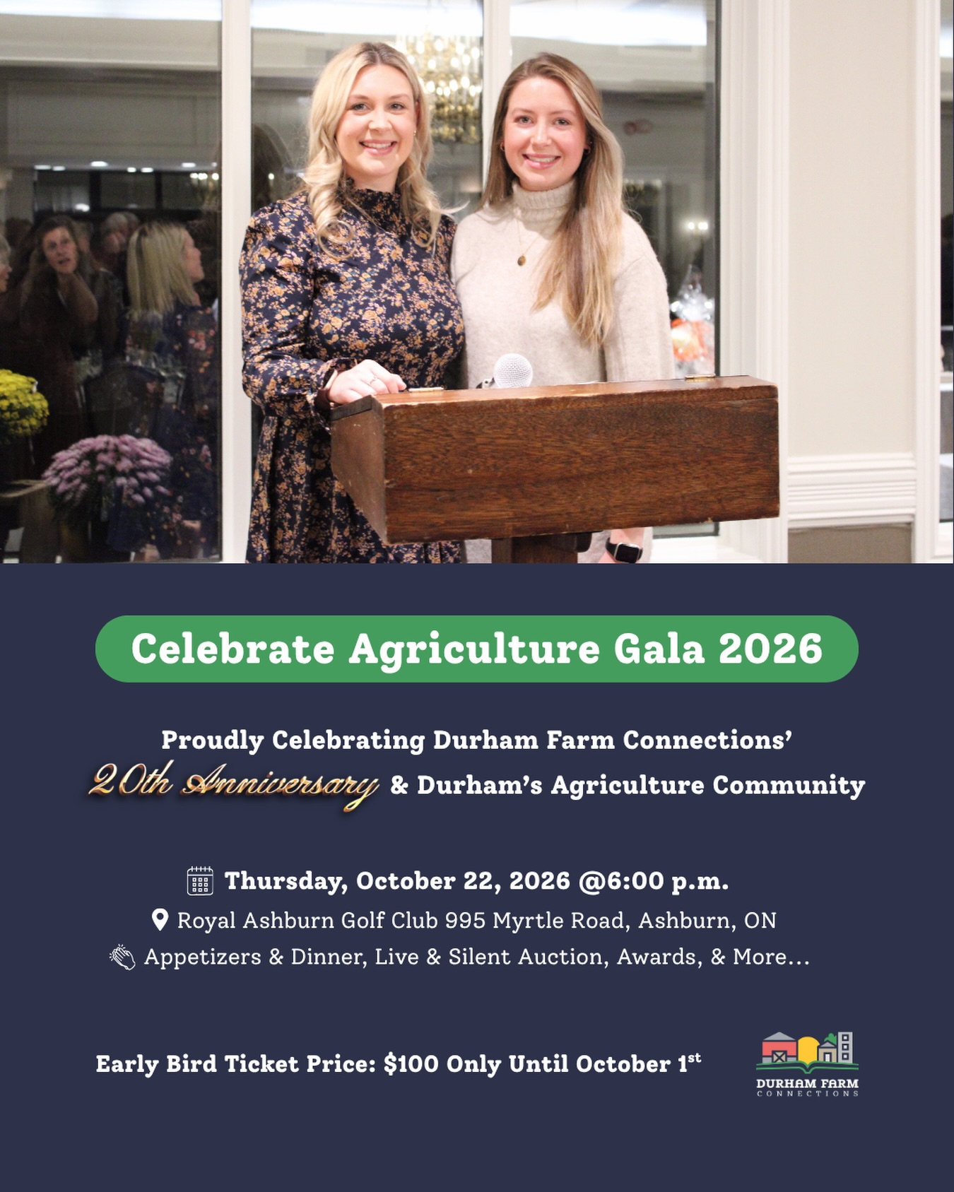 Our annual Celebrate Agriculture Gala is approaching fast & we donโt want you to miss out. ๐
Join us for an unforgettable evening celebrating Durham Farm Connectionsโ 20th Anniversary & Durhamโs incredible agriculture community!
Save the date for Thursday, October 22, 2026 at the Royal Ashburn Golf Club, starting at 6:00 p.m. featuring dinner, awards, presentations, live & silent auctions, & so much more. ๐
Get your $100 early bird tickets today before prices increase Thursday, October 1, 2026. โผ๏ธ
To purchase tickets, visit the link in our bio or durhamfarmconnections.ca/celebrate-agriculture. ๐