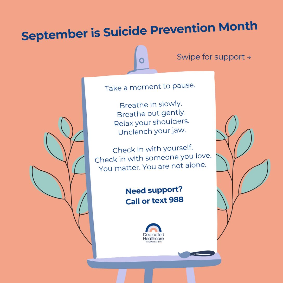 At Dedicated Healthcare, our commitment to compassionate, individualized ABA care includes recognizing the importance of emotional well-being. This Suicide Prevention Month, we’re reminding our community that everyone deserves to feel heard, supported, and connected to help. 💛
Need support? Call or text 988 to reach the 988 Suicide & Crisis Lifeline.
#suicidepreventionmonth #suicideprevention #mentalhealthawareness #youarenotalone #dedicatedhealthcare