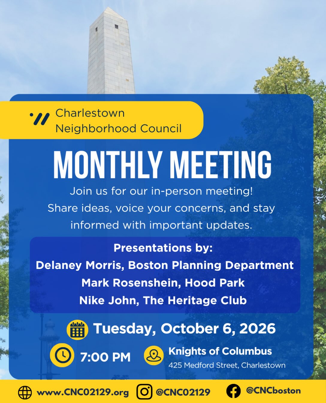 📢 CNC GENERAL MEETING
🗓️ Tuesday, October 6, 2026
🕖 7:00–9:00 PM
📍 Knights of Columbus, 545 Medford St, Charlestown
On the agenda:
Delaney Morris, Boston Planning Department— Little Mystic Channel Update
Mark Rosenshein — Hood Park
Nike John — The Heritage Club
Bring your questions & neighborhood concerns!
#Charlestown #CNC02129 #communityengagement