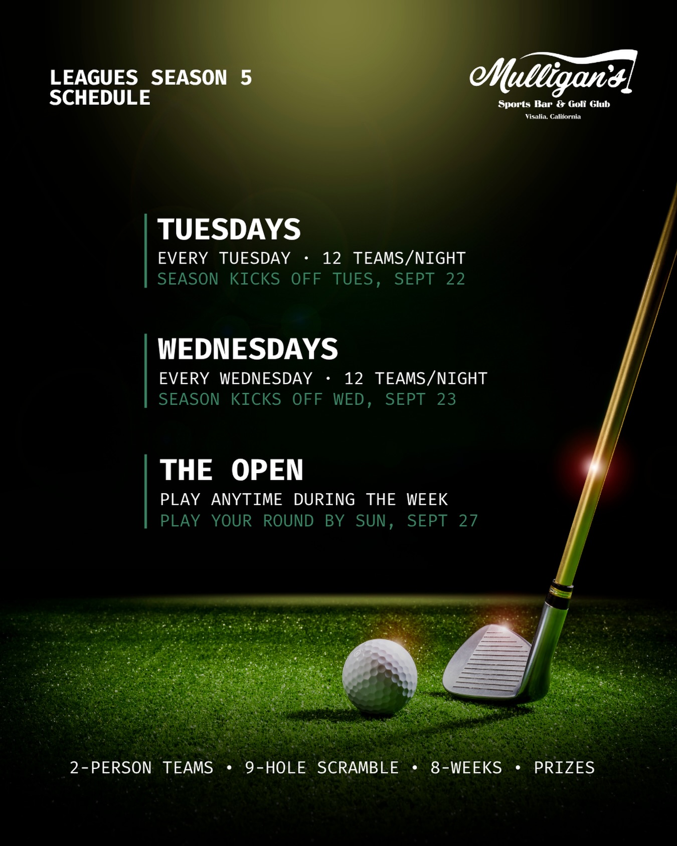 CORRECTION: Tuesday kicks off on September 29th
Wednesday kicks off on September 30
Leagues Season 5 kicks off next week and the countdown is ON. 🚨⛳🔥
Tuesdays. Wednesdays. The Open. However you play, your spot’s waiting.
2 person scramble. 8 weeks. Full kitchen and drinks all night.
We still have some spots open, so don’t sleep on it.
🔗 Register your team today. Link in bio.
#Visalia #559 #ThingsToDoInVisalia #IndoorGolf #GolfLeague