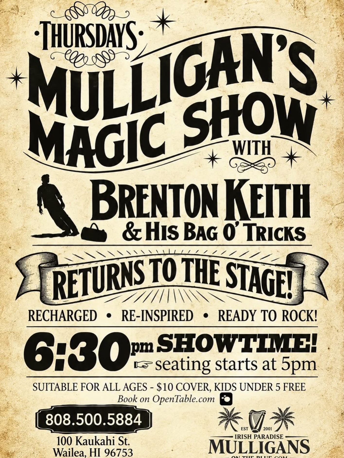 After Incredible Adventures at Burning Man, I’m back home on Maui — Recharged, Re-inspired, and Ready to Rock the Stage at Mulligans!
Mulligan’s Magic Show returns this Thursday! #mulligansmagicshow #magicbrent #mulligansmaui