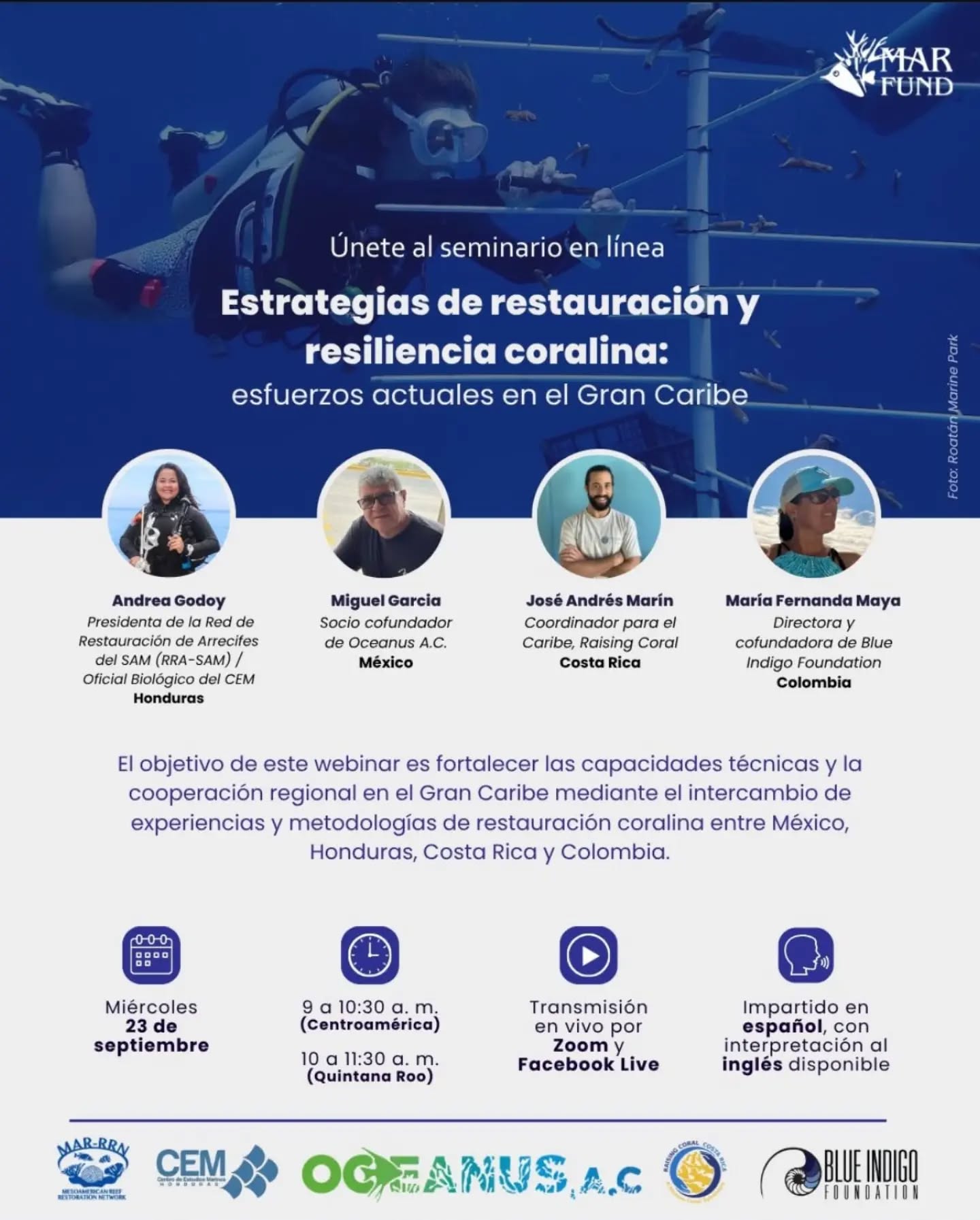 Compartimos con ustedes información sobre seminario virtual para abordar las Estrategias de restauración y resiliencia coralina en el Gran Caribe 🪸🌊
Andrea Godoy de nuestro equipo CEM, estará hablando de sus experiencias en restauración de corales 🩵🇭🇳
Todos cordialmente invitados