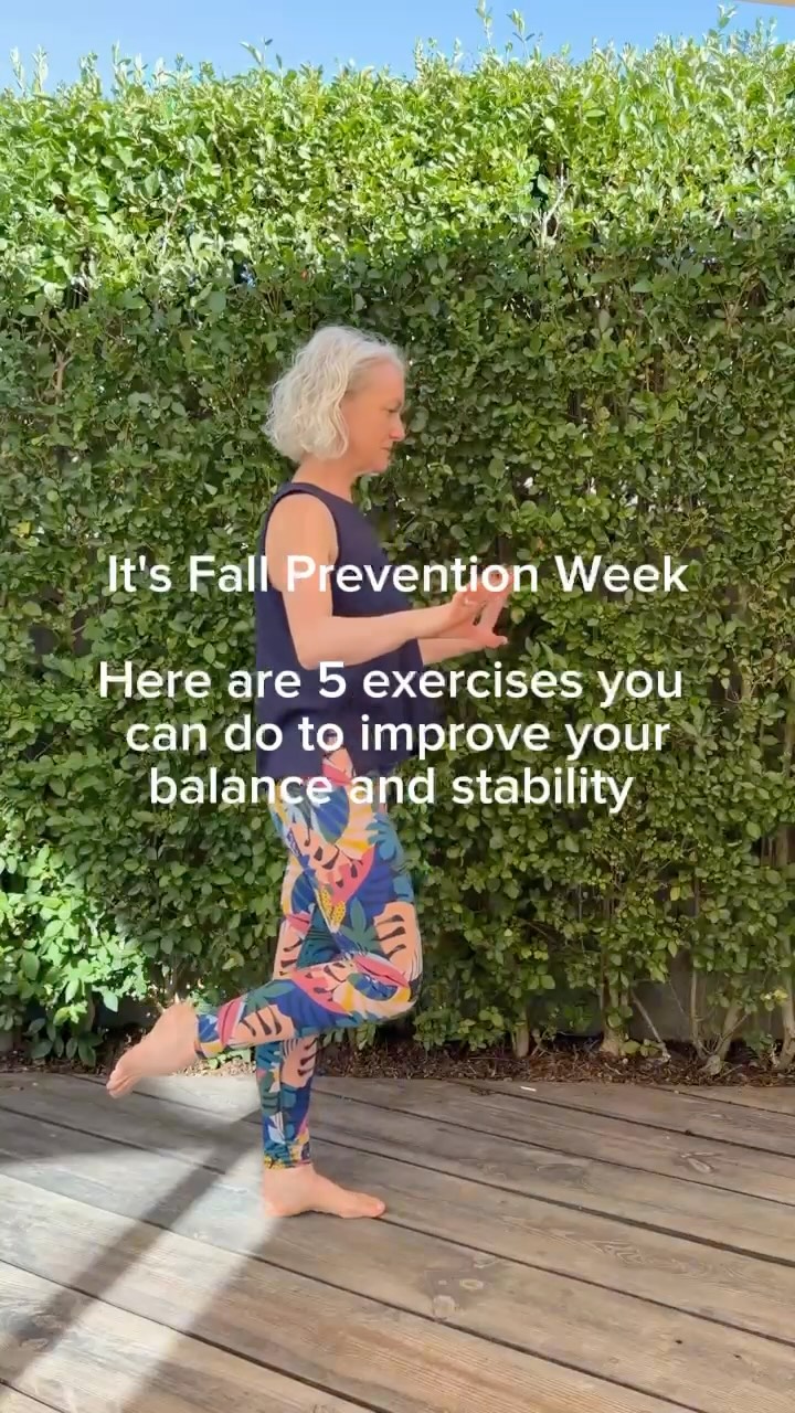 It's Fall Prevention Week.
I regularly teach these 5 exercises to my older clients when we are focusing on balance and stability.
All can be performed with support from a wall, a chair or a kitchen work top.
▫️ March, March, Hold - combines dynamic movement with balance
▫️Tap Together with Tap Back - works lateral movement with a tap back that adds an element of destabilisation
▫️ Single Leg Heel Raise - building up strength in the calf and mobility on the ankle and toes and of course there's the challenge of balancing on one leg (did you spot me wobble into the hedge)
▫️ Tightrope on the band - the heel to toe connection along the band makes this really hard and it's important to practice back walking when focusing on fall prevention
▫️ Squats - because fall prevention work isn't all about balance it's about strengthening muscles and joints so that people are stronger and more stable in day to day life
