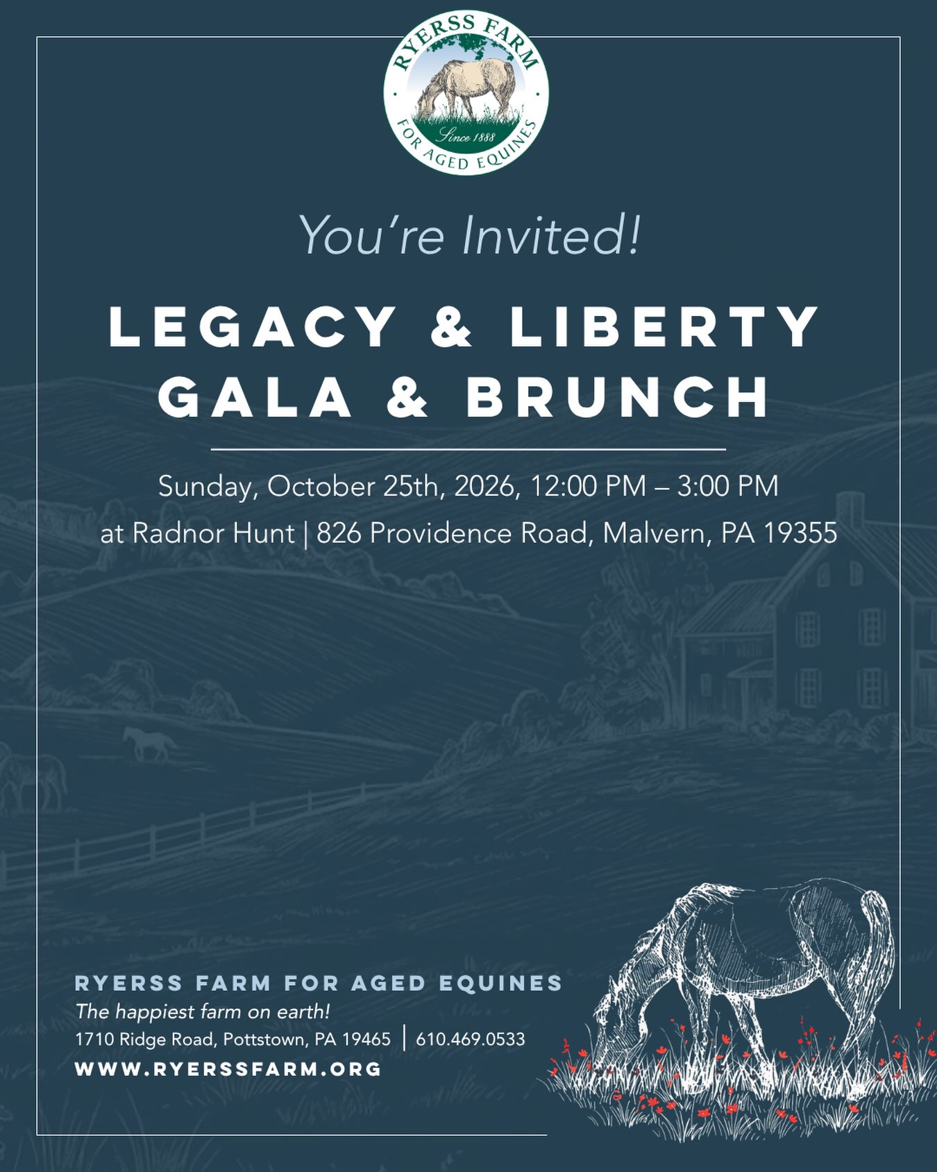 Celebrate 138 years of compassion at our Legacy & Liberty Gala & Brunch! 🐎✨ Join us on Sunday, October 25th, from 12 to 3 PM at Radnor Hunt. Enjoy a delicious buffet brunch, music, themed silent auction baskets, and a live auction led by our spirited auctioneer, Ted Wiederseim.
Be a leader in animal welfare by sponsoring the event! Your support will provide essential resources for our residents.
Unable to attend? Gift our residents a peaceful retirement!
Click the link in our bio to read our latest blog to learn more or donate now.
