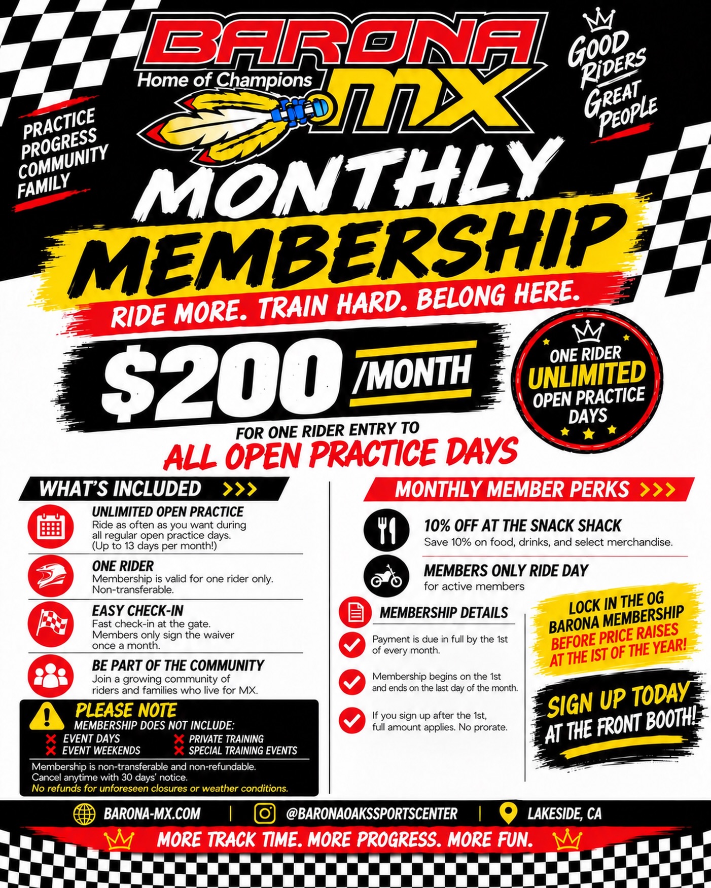 🏁 NEW BARONA MX MONTHLY MEMBERSHIP PROGRAM! 🏁
‼️Starting in October‼️
Ride more, save more, and be part of the Barona MX community for $200/month.
🔥Membership includes:
• One rider
• Unlimited regular open practice days
• Easy check-in — sign your waiver once per month
• 10% off at the Snack Shack
• Monthly Members-Only Ride Day for active members
Membership runs from the 1st through the last day of each month.
🔥 Lock in the OG Barona membership rate before prices increase at the first of the year!
‼️Sign up today at the front booth‼️
#BaronaMX #Motocross #merchandise #twowheels #MotocrossLife
