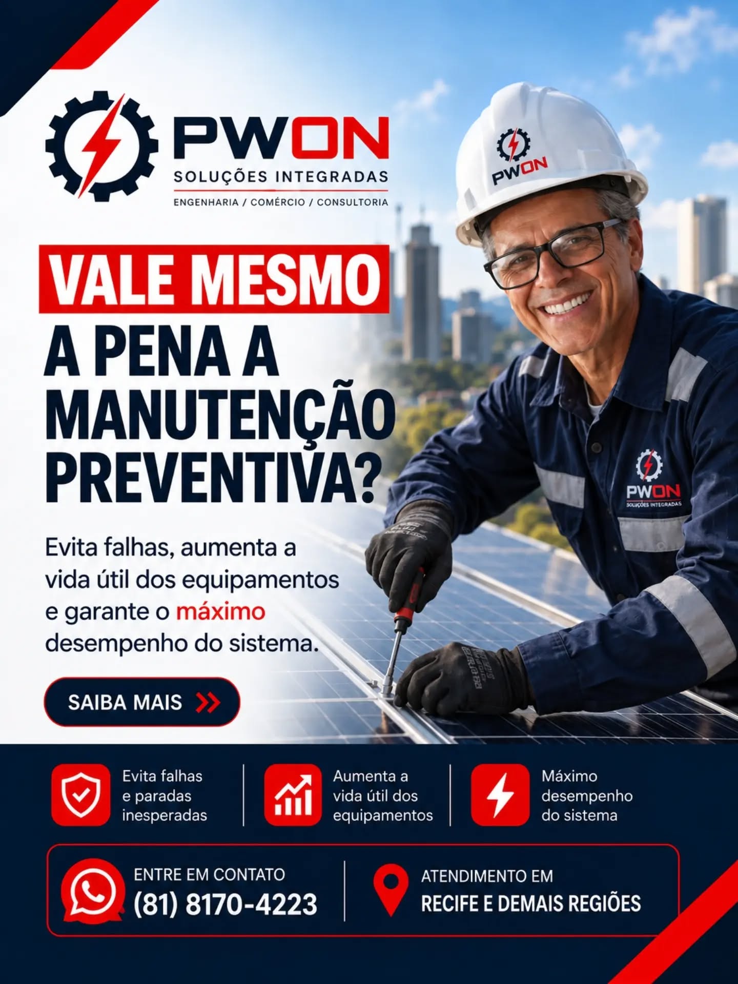 ☀️ Seu sistema solar está rendendo o máximo?
A manutenção preventiva é essencial para evitar falhas, aumentar a vida útil dos equipamentos e garantir o melhor desempenho da sua energia solar.
🔧 Não espere o problema aparecer! Cuide do seu sistema com quem entende do assunto.
📲 Entre em contato com a PWON e solicite seu atendimento!
#pwon #energíasolar #manutençãosolar #energiarenovavel #engenhariaeletrica