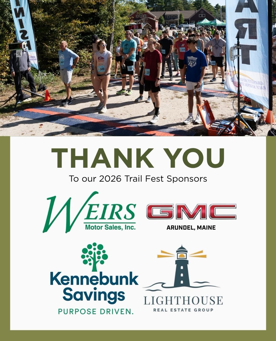 Thank you so much to our 2026 Trail Fest Sponsors!
🎉 @weirsgmc our title sponsor!
🍁 @kennebunksavings
🍁 @lighthouserealestategroup
🏃🏽 @smilecraft_maine
🏃🏽 Benchmark Consulting
🏃🏽 @hazelwoodhandyman
💦 @schlegelrealty
🍂 @gingerhilldesignbuild
🍂 @bankeagle
🍂 @northstar_planning
🍂 @bandedbrewingco
🍂 @boucherfamilychiropractic
🍂 @brex_corp
🍂 @mainecommunitybank
🍂 @neilsmotors
🍂 @stonefarmarundel
🍂 @jimgodbout
🍂 @alignprecision
🍂 @hustonandcompany
See you Saturday! 🏃🏽♀️
#mainetrailrunning #maine5k #mainelandtrust