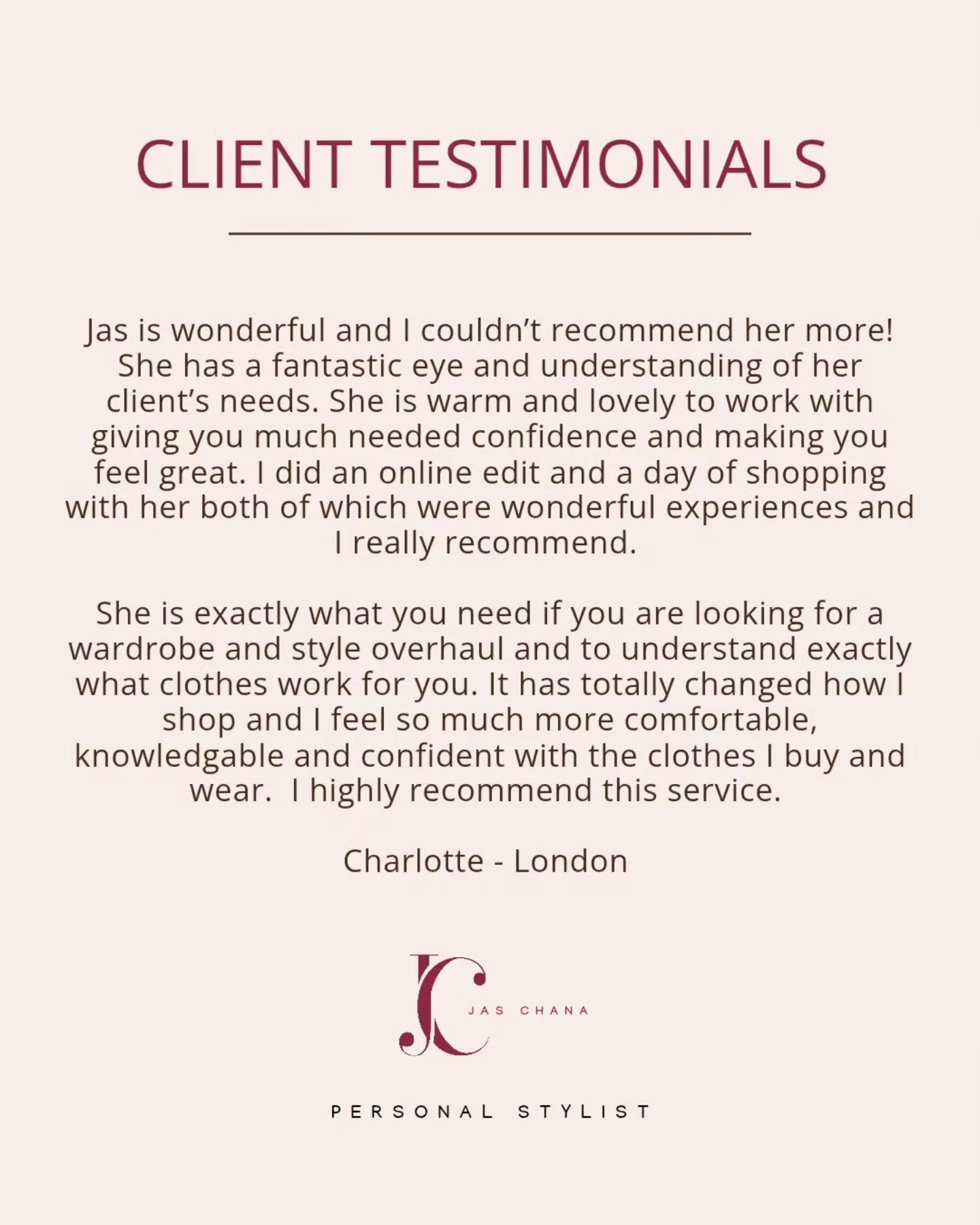 Sharing a recent 5⭐️ review from my lovely client, Charlotte.
Charlotte leads a busy life, juggling two young children alongside her demanding role as Head of Marketing for an insurance firm. She wanted a wardrobe that felt more like her and worked effortlessly across every area of her life.
We started with a deep dive into her identity, style personality and the image she wanted to create. From there, I created her personalised style vision and used it as the foundation to build a wardrobe that works hard for her busy lifestyle.
The result? Clothes that feel aligned with who she is now, are easy to wear and give her the confidence to show up as herself, wherever her day takes her. ✨
If you're ready to refresh your style and create a wardrobe that works for your real life, I'd love to help.
📩 hello@jaschana.com
---‐‐--------------
PersonalStylistLondon -LondonPersonalStylist PersonalStylingLondon - LondonStyleConsultant WardrobeStylist- WardrobeEdit - CapsuleWardrobe PersonalBranding - ExecutiveStyle - ProfessionalStyle CorporateStyle StyleForSuccess BusyProfessional WomenInBusiness - FemaleEntrepreneur - LeadershipStyle WorkwearStyle SmartCasualStyle StyleConfidence ImageConsultant LuxuryPersonalStylist LondonShopping Experience - LondonShopping - LondonFashion VisitingLondon InternationalClients StyleConsultation PersonalShoppingLondon WardrobeConsultation StyleTransformation DressWithConfidence LondonProfessionals ProfessionalsInLondon LondonBusinessWomen LondonMums StyleForRealLife LondonServices LuxuryLifestyle -LondonExperience