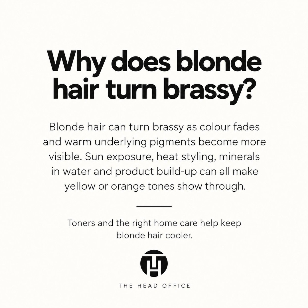 Why can blonde hair start looking warmer? As cooler toner fades, more of the natural yellow or orange undertone can begin to show. Water minerals, heat and product build-up can affect the colour too.
#HairTips #BlondeHair #HairCare #LoughboroughSalon #TheHeadOfficeUK