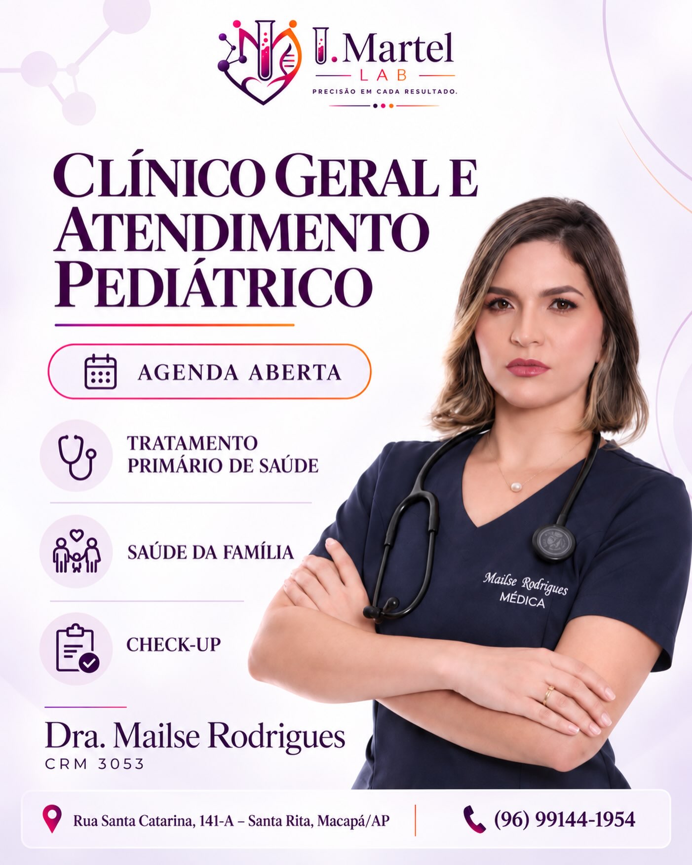 Cuidado completo para você e sua família.
Atendimento em Clínica Geral e Pediatria, com acompanhamento humanizado, prevenção e atenção em todas as fases da vida.
📅 Agenda aberta
📍 Rua Santa Catarina, 141-A – Santa Rita, Macapá/AP
📲 (96) 99144-1954
#clinicogeral #atendimentopediátrico #saudedafamilia #checkup #imartellab