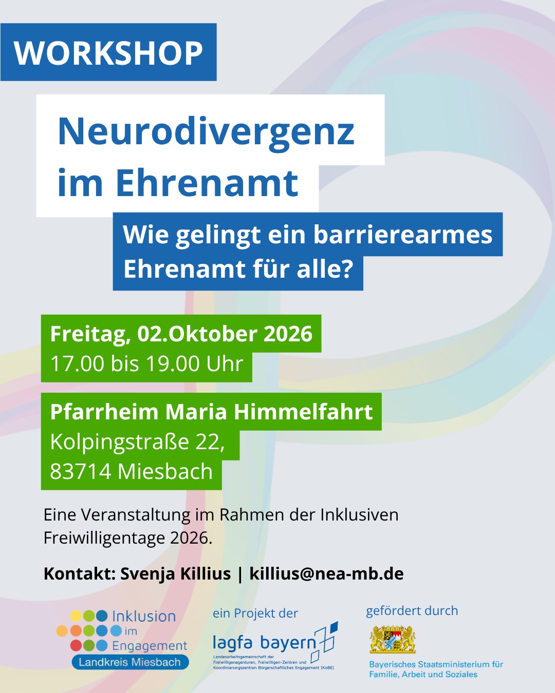 Workshop: Neurodivergenz im Ehrenamt
Wie gelingt ein barrierearmes Ehrenamt für alle?
Wie können Vereine so gestaltet werden, dass sich alle engagierten Personen willkommen fühlen und ihre Stärken einbringen können?
Im Workshop geht es um die Grundlagen von Neurodivergenz – zum Beispiel ADHS, Autismus-Spektrum und Hochsensibilität – und um die Stärken, die damit einhergehen. Wir schauen uns typische Barrieren in Kommunikation, Organisation und Reizumgebung an und entwickeln gemeinsam alltagstaugliche Maßnahmen für den eigenen Verein. Am Ende nehmt ihr sofort umsetzbare Handlungsempfehlungen mit.
Geleitet wird der Workshop gemeinsam von Svenja Killius (Projektleitung Inklusion im Engagement) und Oliver Sahnwaldt von Trivera Synvergent.
📅 Freitag, 02.10.2026, 17:00–19:00 Uhr
📍 Pfarrheim Maria Himmelfahrt, Kolpingstraße 22, 83714 Miesbach
Barrierearm vor Ort: Es steht ein reizarmer Rückzugsraum zur Verfügung. Wenn ihr weitere Unterstützung oder spezielle Vorkehrungen benötigt, meldet euch gerne vorab bei uns.
Anmeldung: Reserviert euch gerne vorab einen Platz bei Svenja Killius, killius@nea-mb.de. Spontan Entschlossene sind ebenfalls herzlich willkommen.
Eine Veranstaltung im Rahmen der Inklusiven Freiwilligentage 2026.
#Ehrenamt #Neurodiversität #Inklusion #Miesbach #Vereinsleben #Barrierefreiheit #Oberbayern