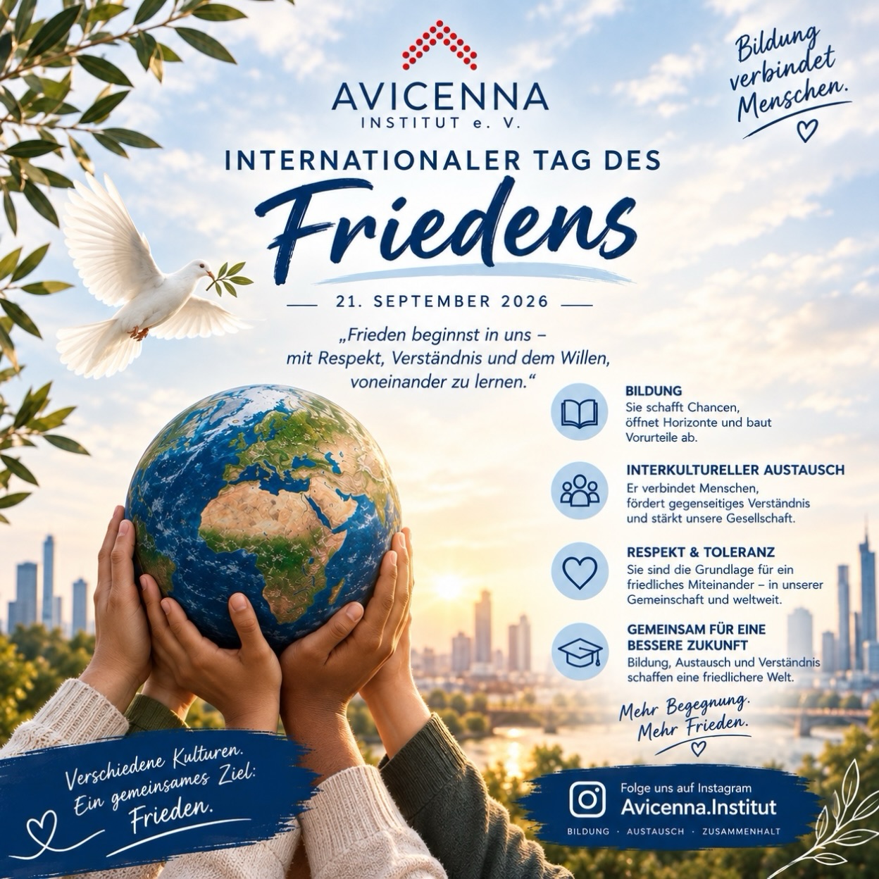🕊️ Internationaler Tag des Friedens
Frieden bedeutet mehr als die Abwesenheit von Konflikten. Er beginnt im täglichen Miteinander – mit Respekt, Verständnis, Toleranz und der Bereitschaft, einander zuzuhören. 🤝🏼
Auch Bildung kann einen wichtigen Beitrag zu einem friedlichen und respektvollen Miteinander leisten. Denn wer voneinander lernt, kann einander besser verstehen.
Lasst uns jeden Tag ein kleines Stück zu mehr Respekt, Zusammenhalt und Frieden beitragen. 💚
#internationalertagdesfriedens #weltfriedenstag #frieden #zusammenhalt