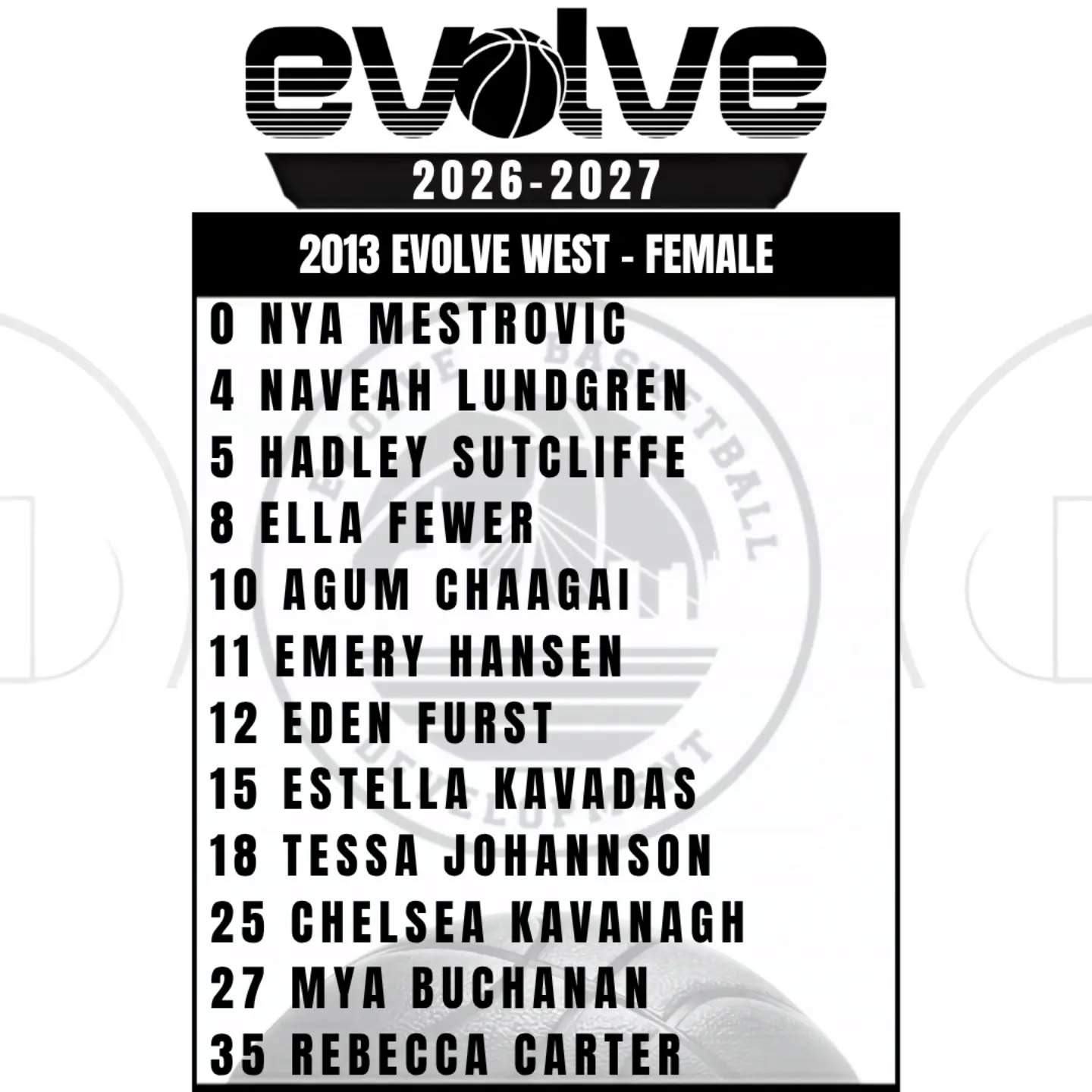 2026/27 - 2013 Evolve West - Female
Coached by Jon Lundgren and Spiros Kavadas