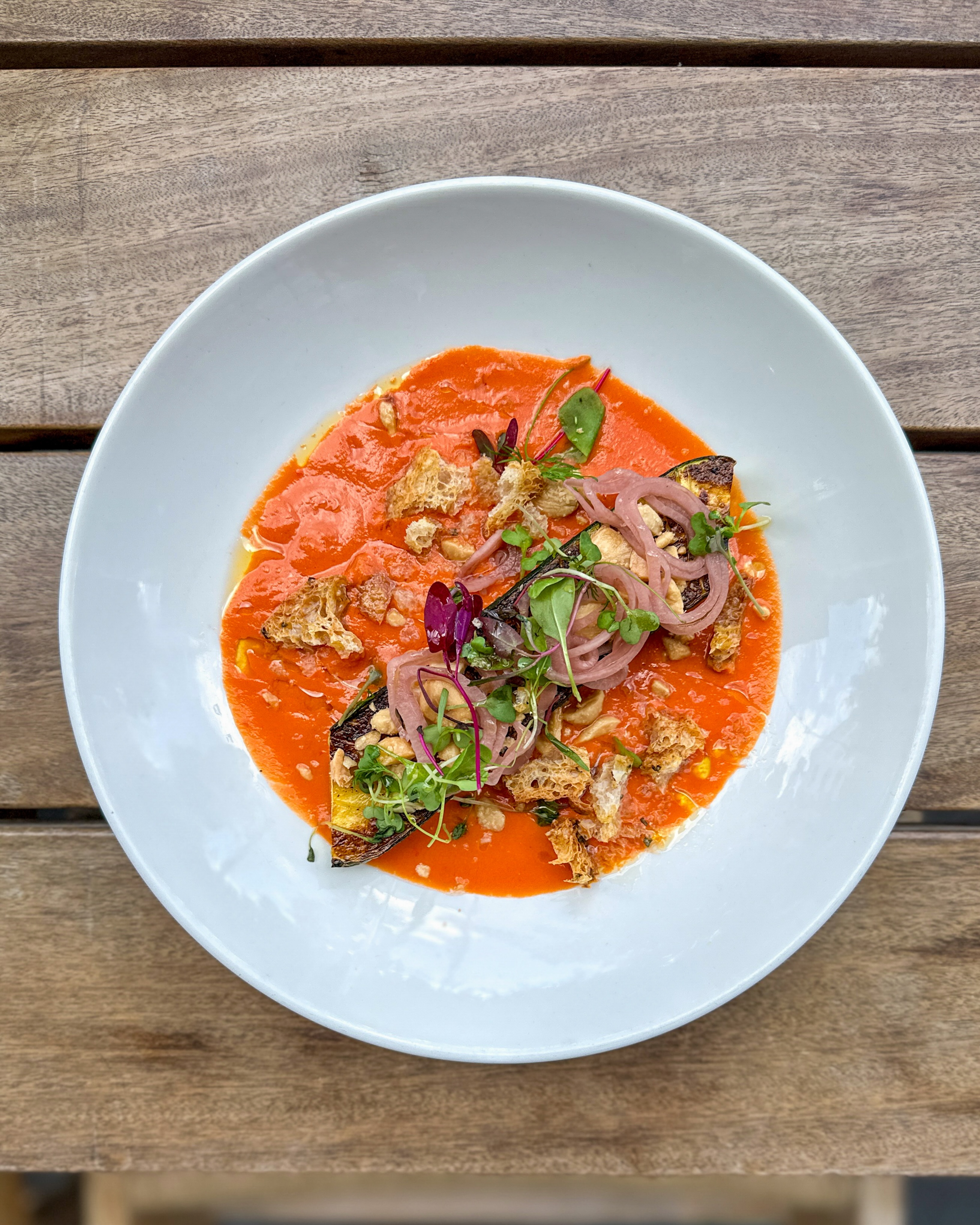Holding onto summer a little longer with seared zucchini, tomato gazpacho, toasted focaccia, pickled shallots + marcona almonds.