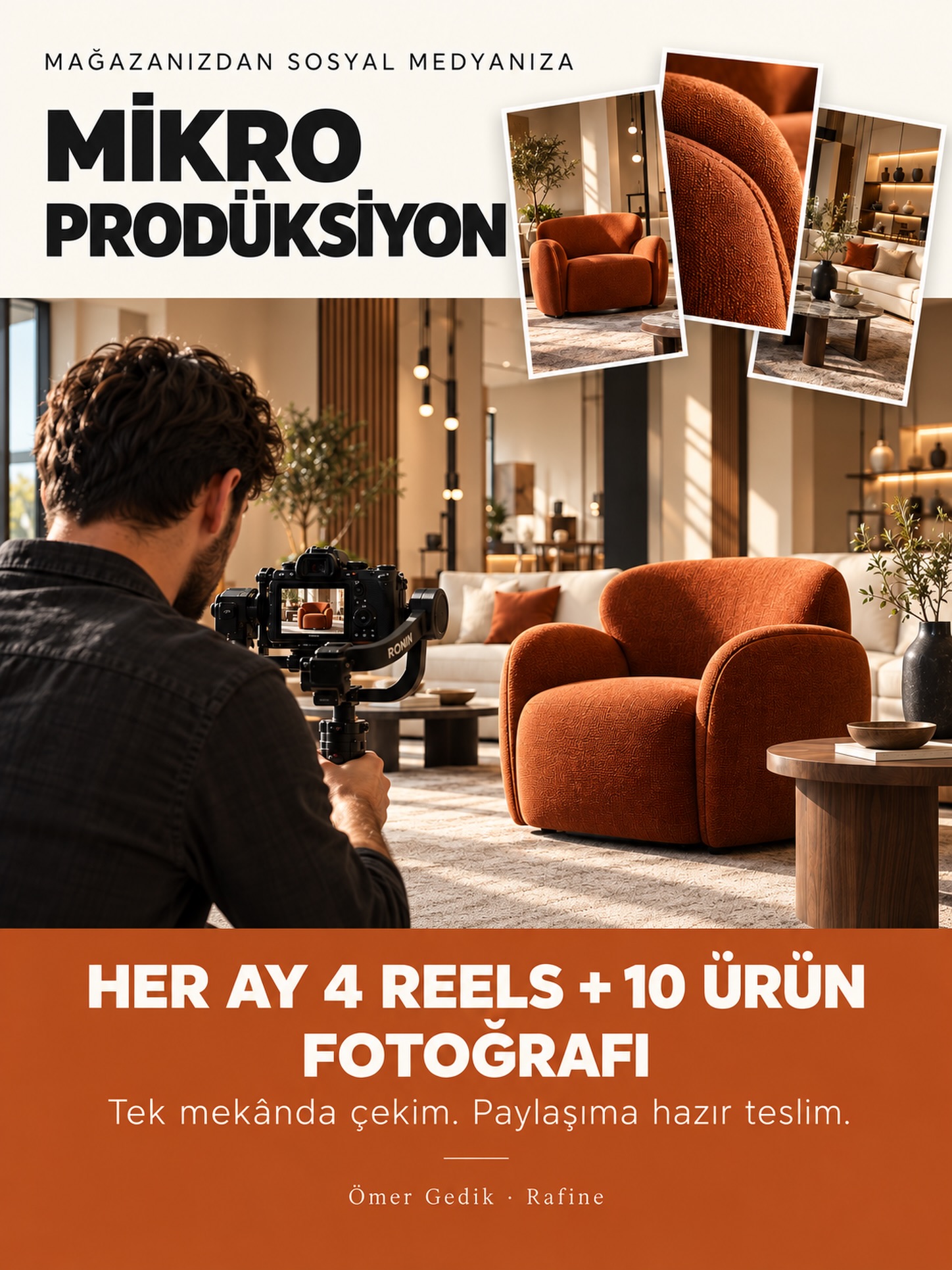 Mağazanızda tek mekânda çekim yaparak her ay 4 dikey Reels videosu ve 10 ürün fotoğrafı hazırlıyoruz. Videolarınızı stok müzik ve kurgu işlemleri tamamlanmış, sosyal medyada paylaşıma hazır şekilde teslim ediyoruz.