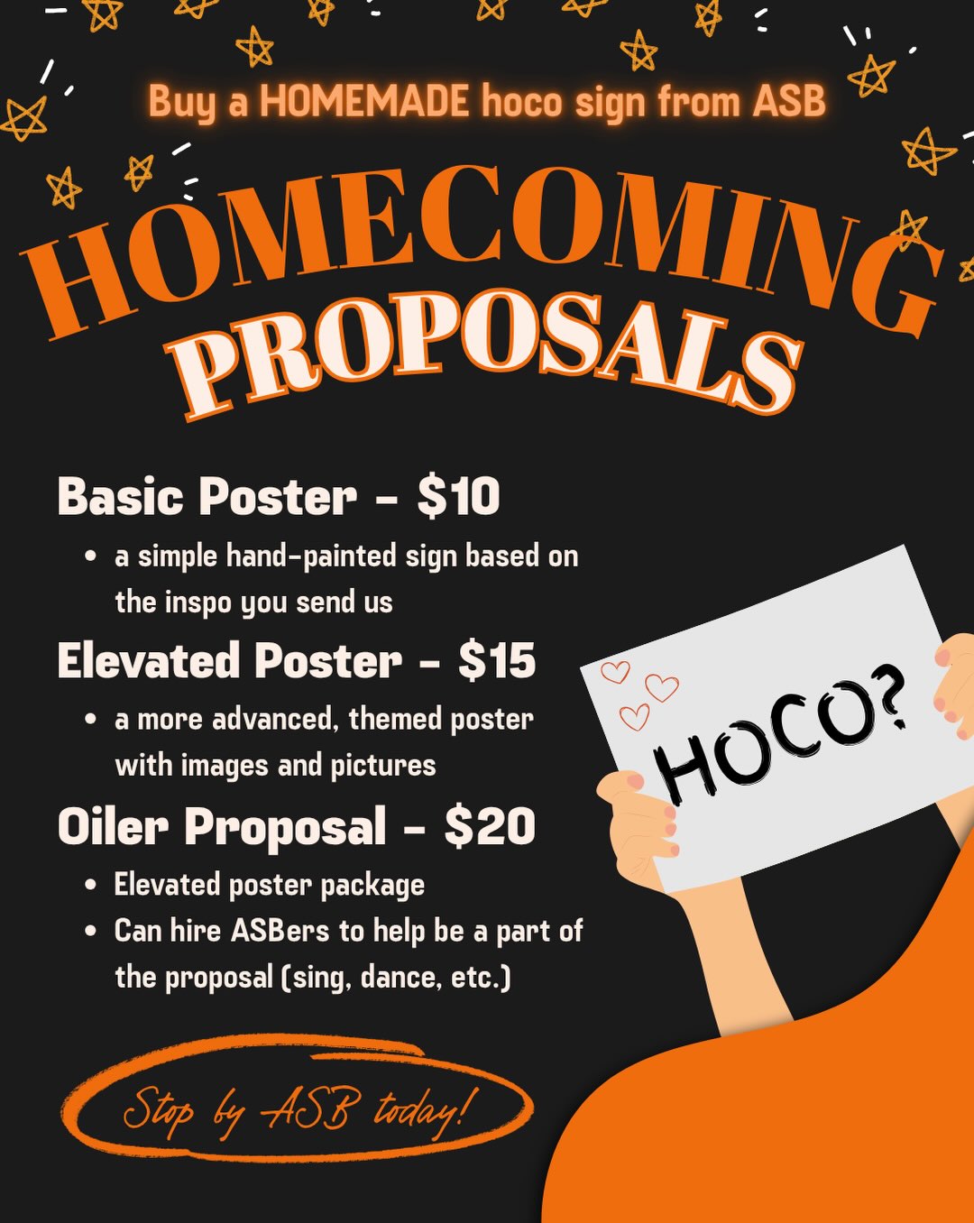Asking someone to HOCO this year?! Come visit the ASB ROOM (located next to the vending machines) during nutrition or lunch to buy a homemade sign! 💃🏻🧡
