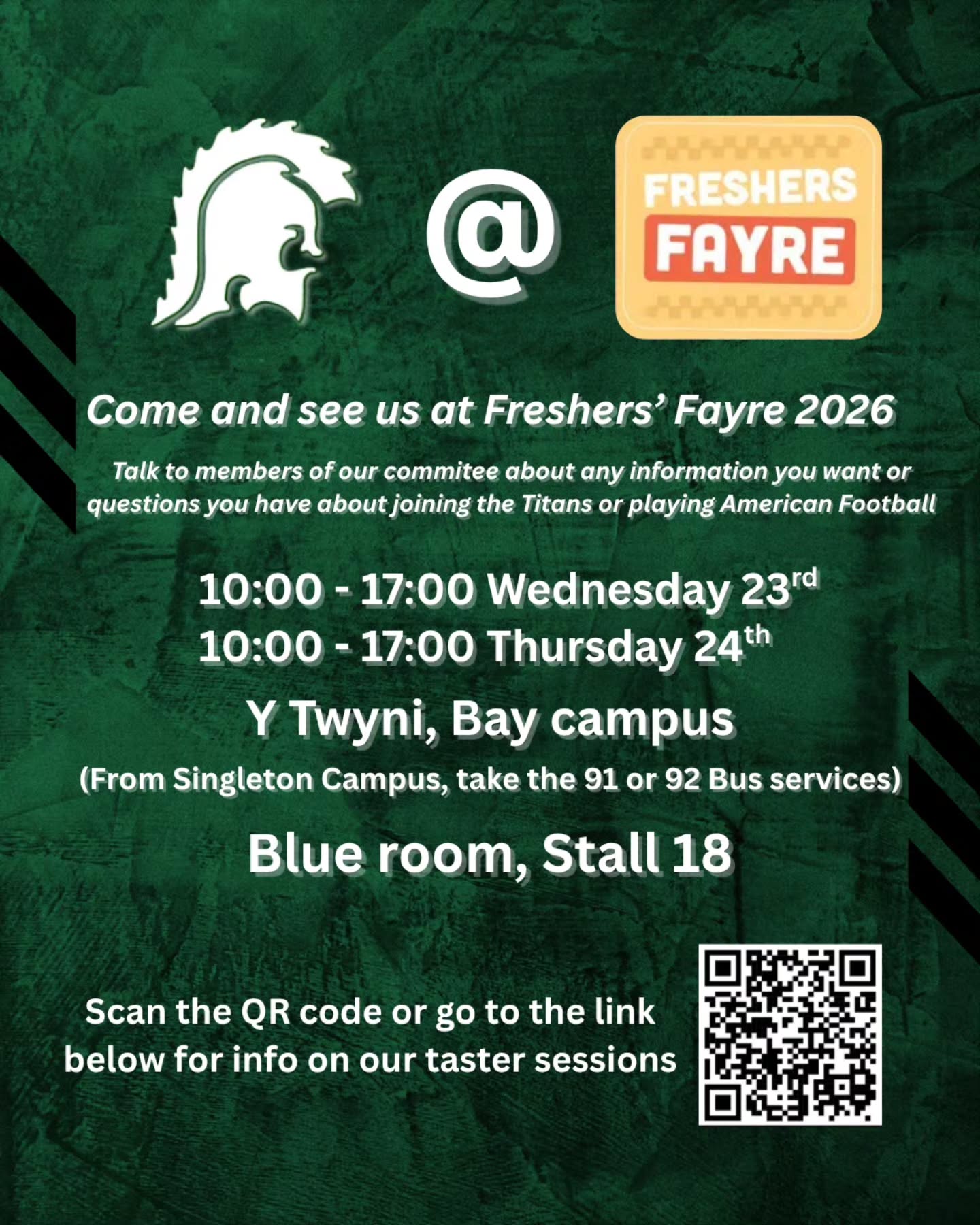 Come and see us at Freshers' Fayre 2026
Its your best opportunity to speak to members of our team about what it's like playing American Football for the Titans
We'll be more than happy to answer any questions you might have
The Fayre is being held in Y Twyni, Bay campus
We will be in the Blue room, Stall 18
Head to https://spond.com/invite/BCJJB for more info on our taster sessions (Sunday 27th at 11:30 and Thursday 1st at 19:30)
@swanseaunisport
@susuvpsports
@swanseasu
@swanseauni