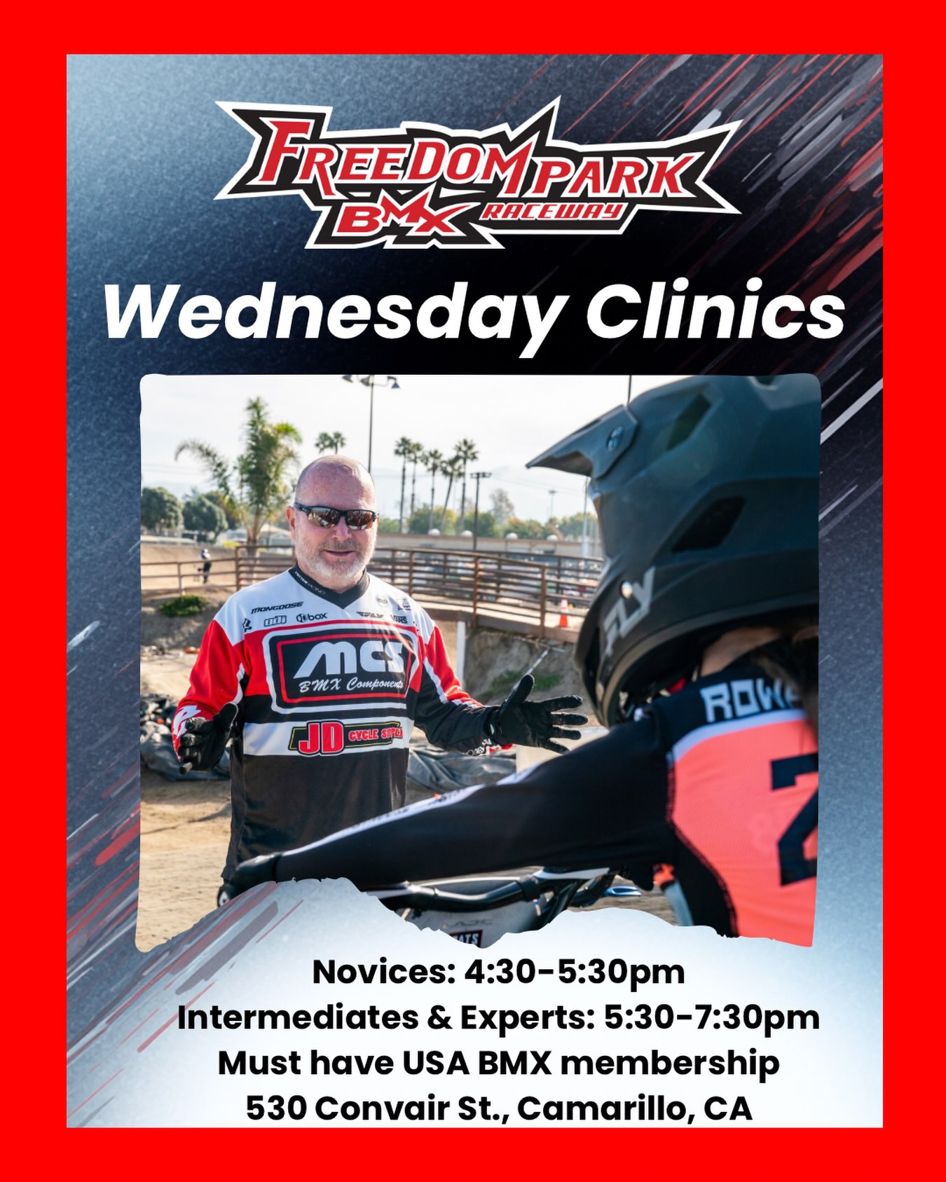 Wednesday clinics! Join Coach Eric tonight to get some work in on the track 💪
Novices: 4:30-5:30PM, cash only
Intermediates & Experts: 5:30-7:30PM, $35 cash only
All riders must have a USA BMX membership, their own bike in good working condition, a bicycle helmet, and closed toed shoes.
See you at the track!
#freedomparkbmx